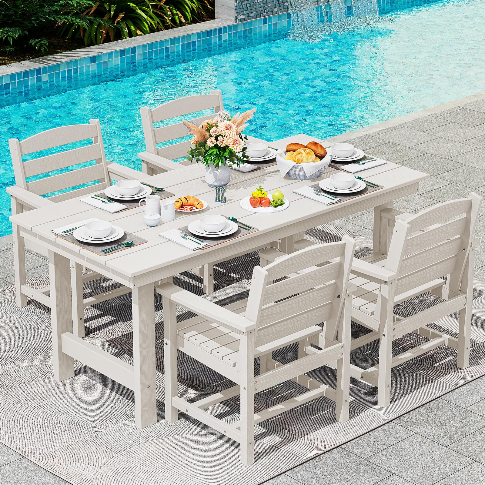 SERWALL 7-Piece Patio Dining Table Sets, Outdoor HDPE Dining Furniture Set with Umbrella Hole Cut-Out Table and 6 Chairs, Blue
