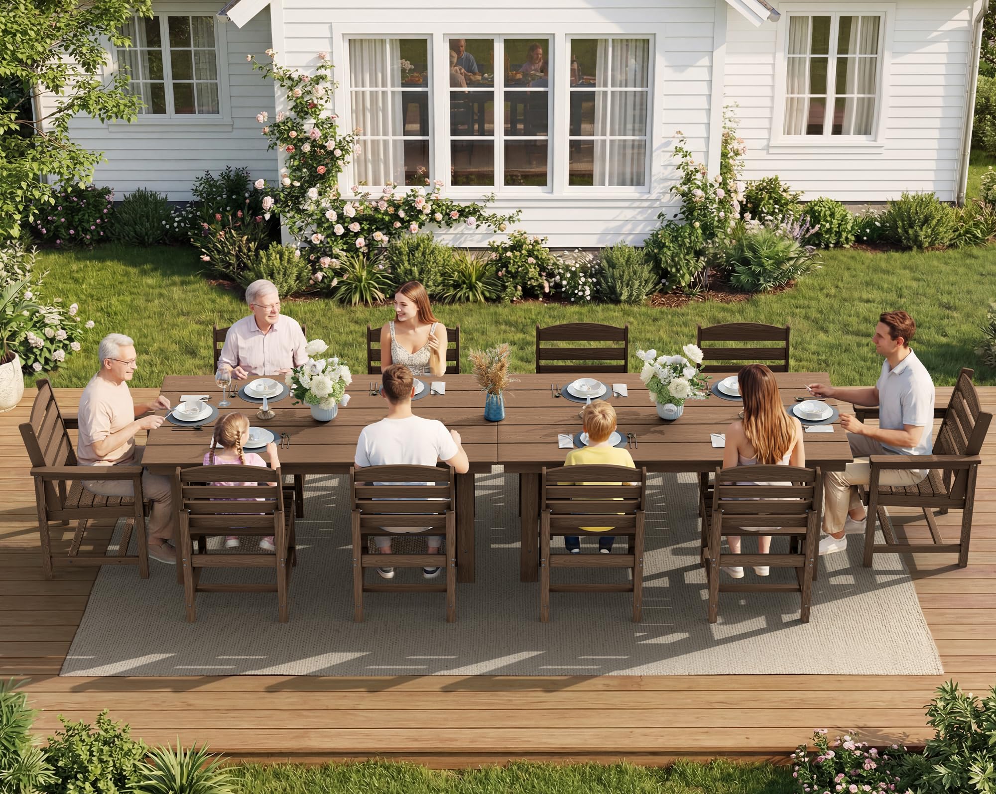 SERWALL 7-Piece Patio Dining Table Sets, Outdoor HDPE Dining Furniture Set with Umbrella Hole Cut-Out Table and 6 Chairs, Blue