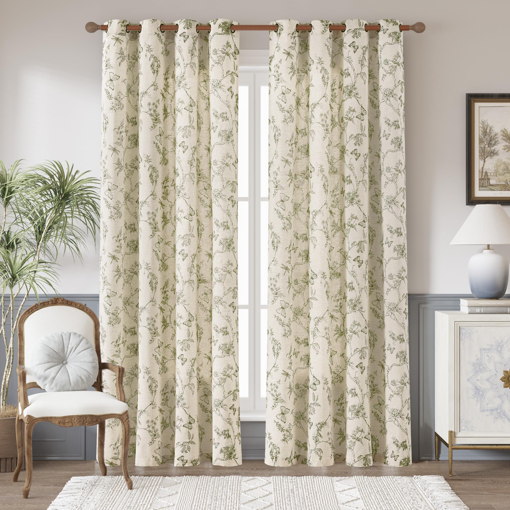 jinchan Linen Floral Curtains for Living Room with Printed Flower 84 Inches Long Light Filtering French Country Back Tab Rod Pocket Taupe Window Curtain Set Farmhouse Drapes 2 Panels Taupe