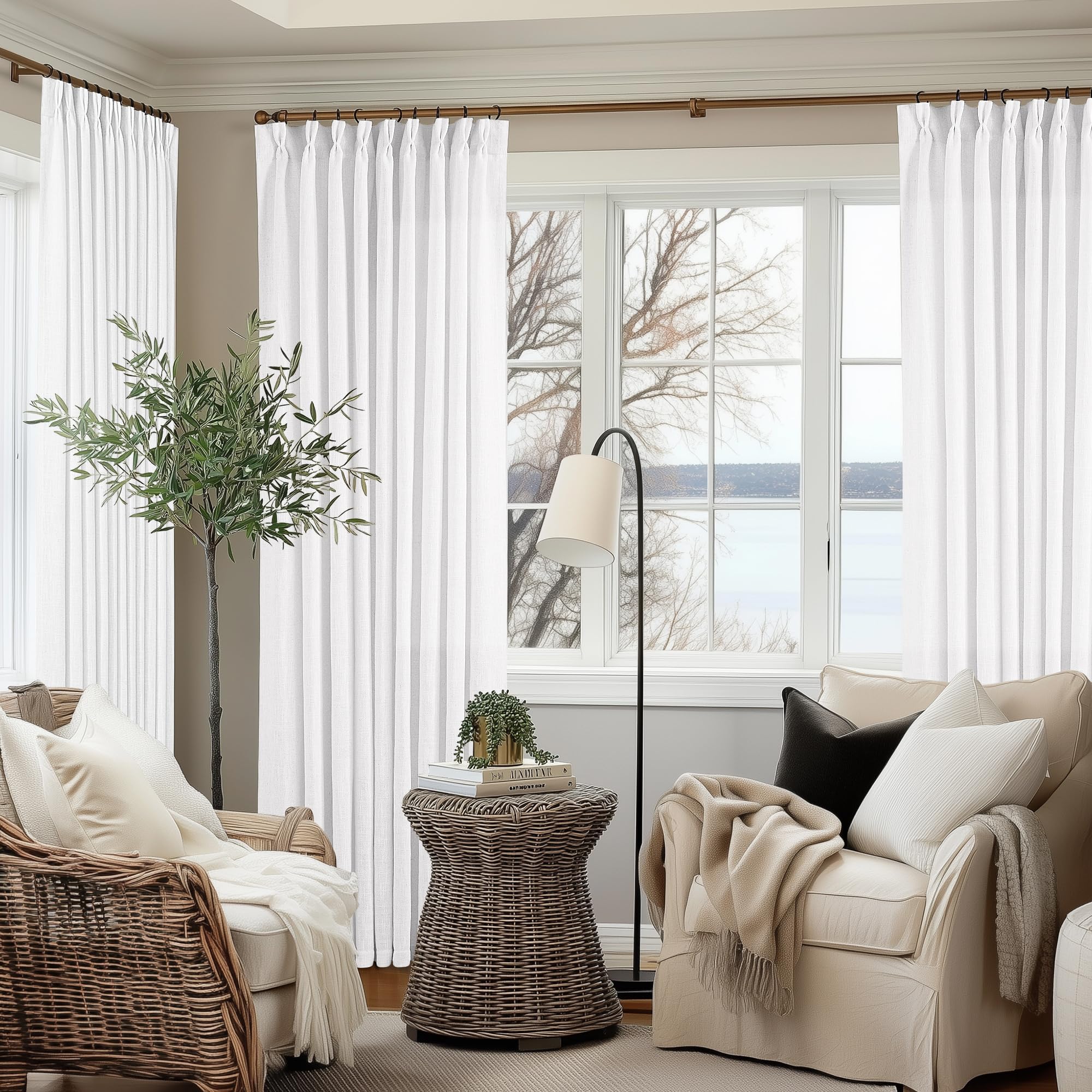 Pinch Pleated Linen Curtains 108 Inches Long for Living Room 2 Panels Set Cream Ivory Flax Double Pleated Drapes Back Tab Neutral Boho Ceiling Floor 108 Inch Window Curtains Bedroom Natural Birch