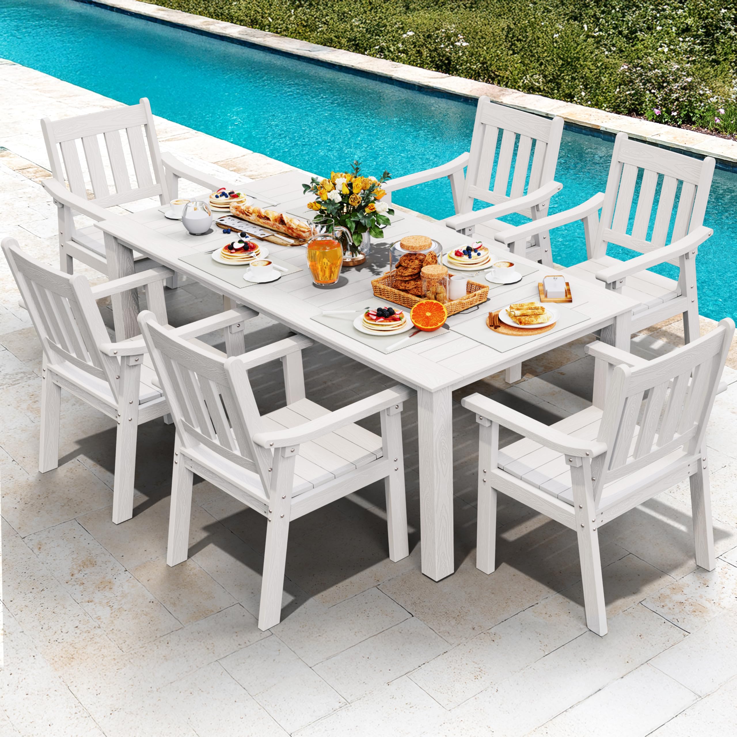 YEFU HIPS Patio Table Set: 7 Piece Outdoor Table and Chairs Dining Furniture Set with Umbrella Hole - Teak Modern Plastic Dining Sets 6 Person for Outside Deck with Metal Aluminum Frame