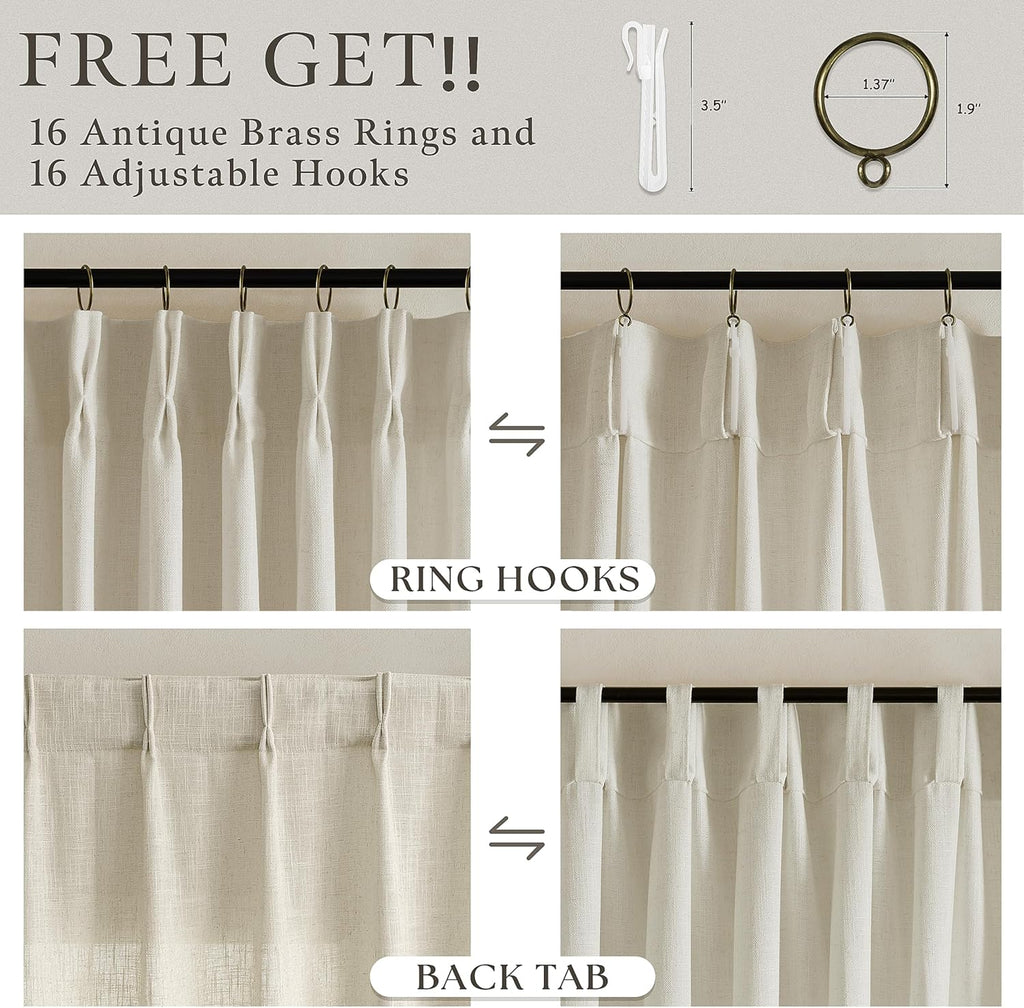 Tan Beige Memory Trained Curtains 105 Inches Long for Living Room 2 Panels Set Rustic Farmhouse Thick Linen Textured Rings Hooks Back Tab Pinch Pleated 100 Inch Curtain Drapes for Dining Bedroom