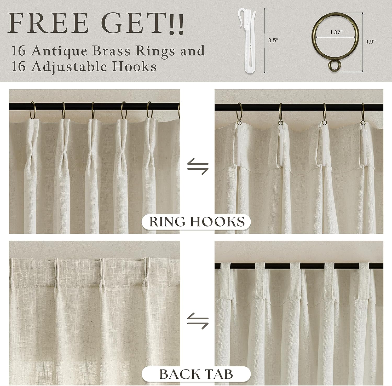Tan Beige Memory Trained Curtains 105 Inches Long for Living Room 2 Panels Set Rustic Farmhouse Thick Linen Textured Rings Hooks Back Tab Pinch Pleated 100 Inch Curtain Drapes for Dining Bedroom