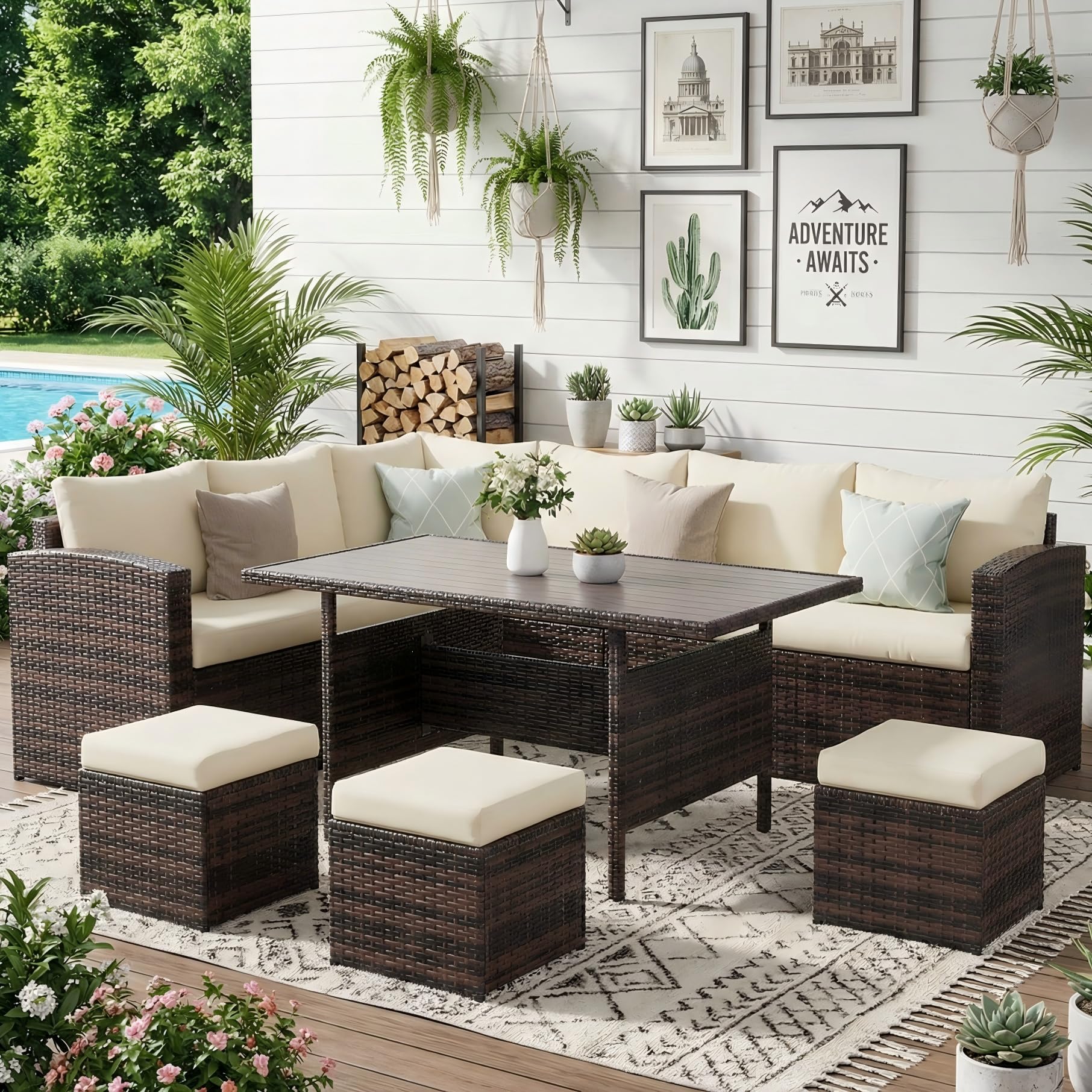 Wisteria Lane 7 Piece Patio Furniture Set, High Curved Back Wicker Patio Sectional, All Weather Outdoor Dining Set, Outdoor Furniture Patio Conversation Set with Ottoman, Blue