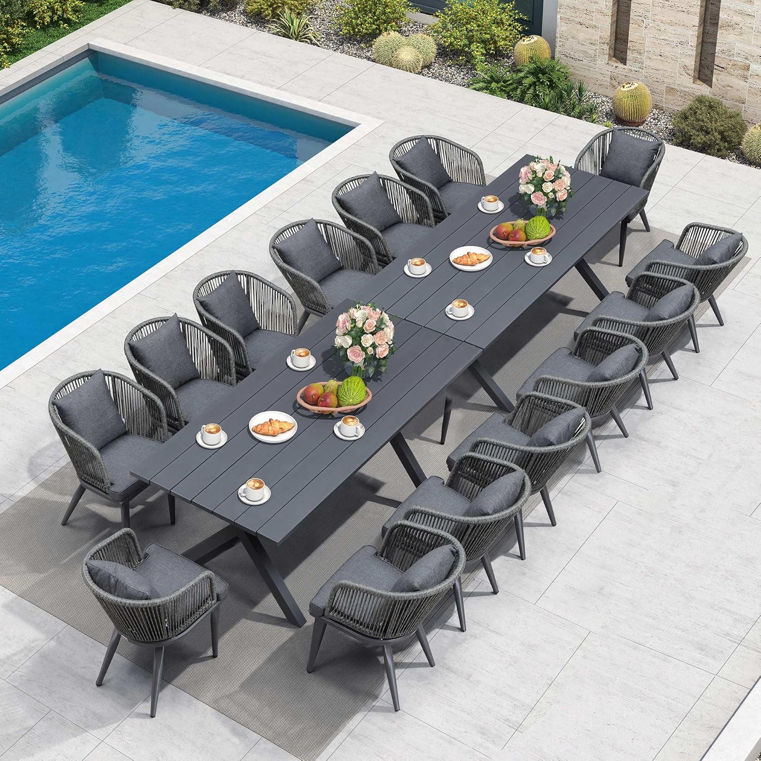 PURPLE LEAF 9 Pieces Patio Dining Set Wicker Outdoor Furniture Rectangular Table and Chairs Set for Garden Deck Teak-Finish Aluminum Frame Backyard Kitchen Set, Cushions and Pillows Included