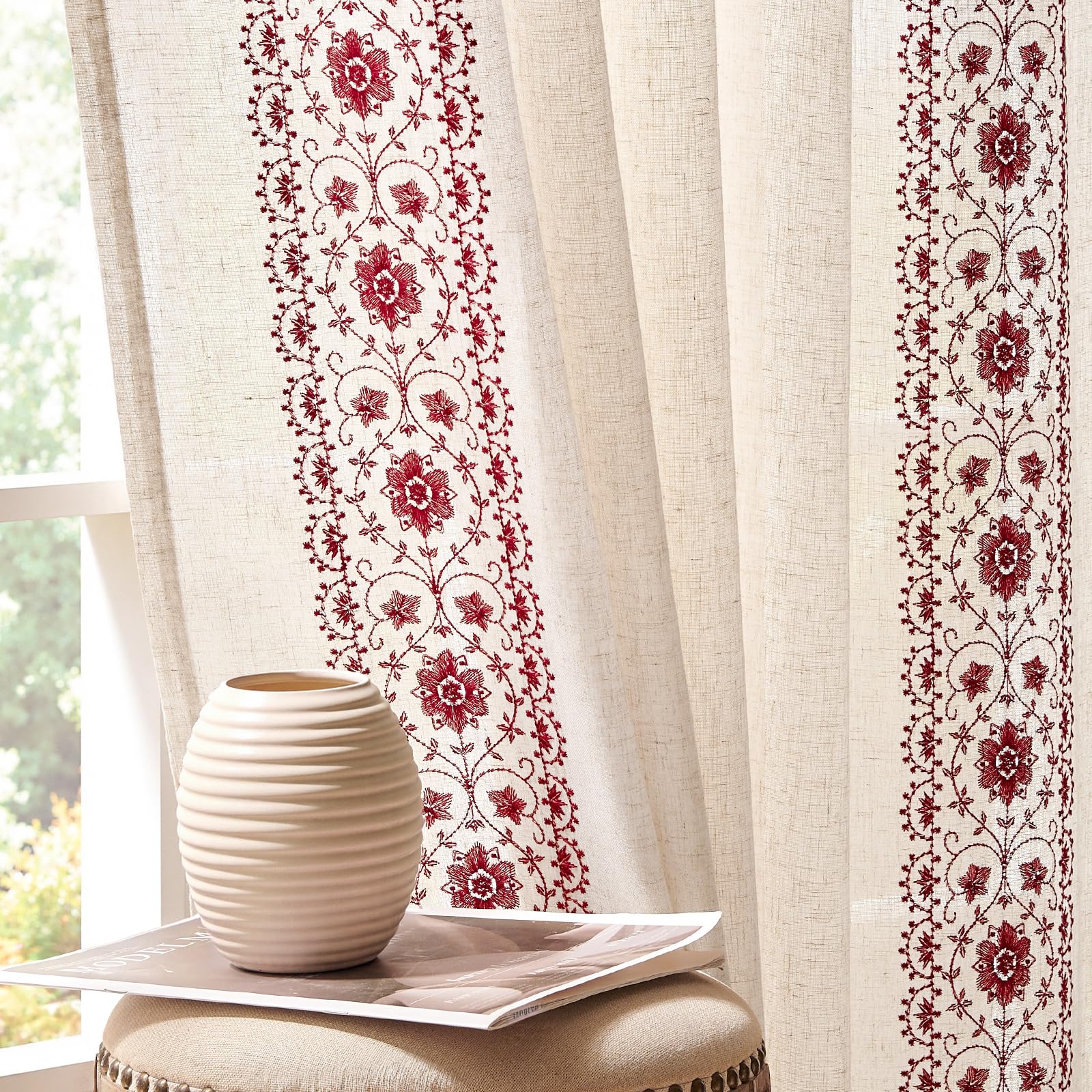 jinchan Weslie Boho Curtains for Bedroom Ivory Vintage Floral Farmhouse Curtains 84 Inches Long Linen Drapes for Living Room Embroidered Light Filtering Drapes Rod Pocket Ivory on Beige 2 Panels