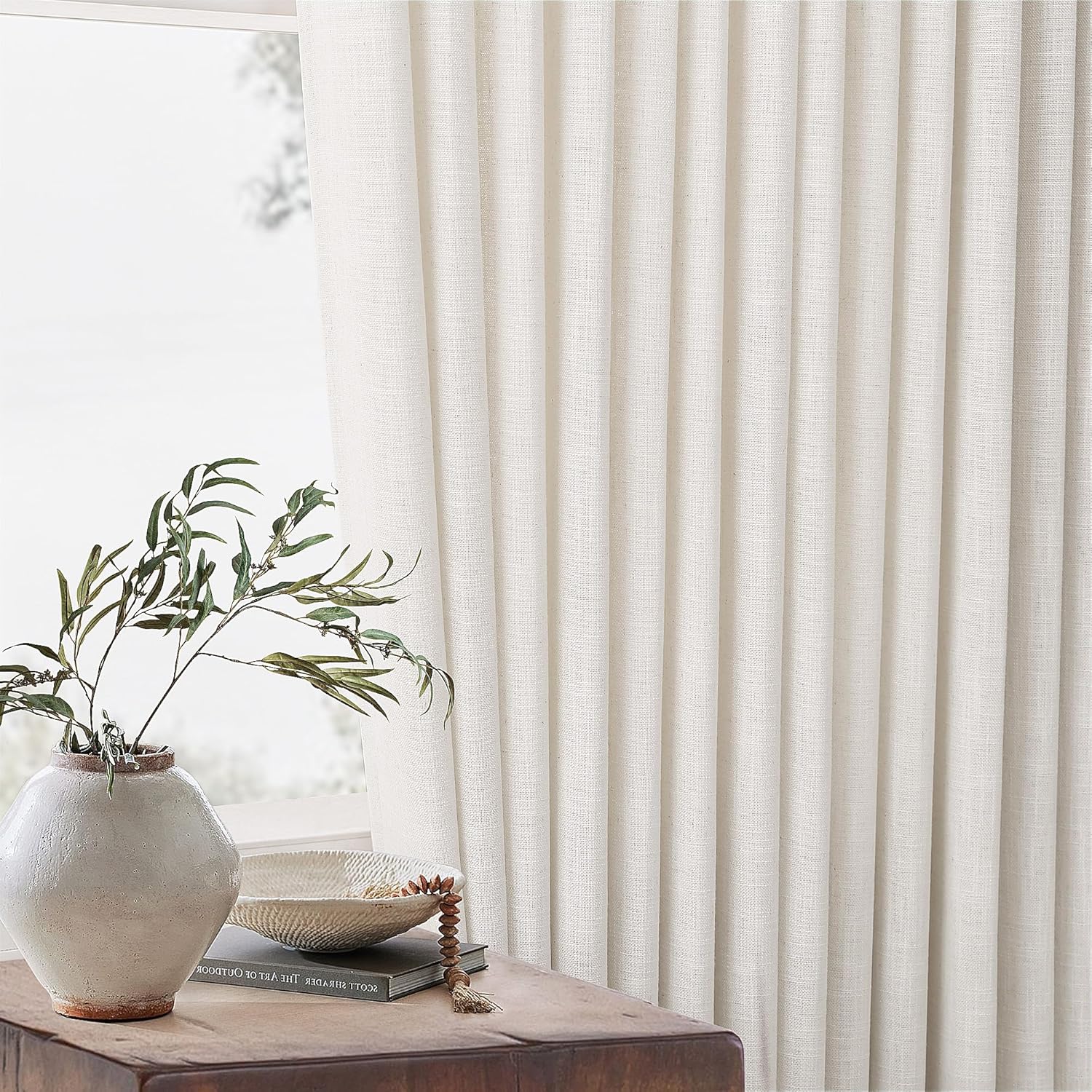 Pinch Pleated Linen Curtains 108 Inches Long for Living Room 2 Panels Set Cream Ivory Flax Double Pleated Drapes Back Tab Neutral Boho Ceiling Floor 108 Inch Window Curtains Bedroom Natural Birch