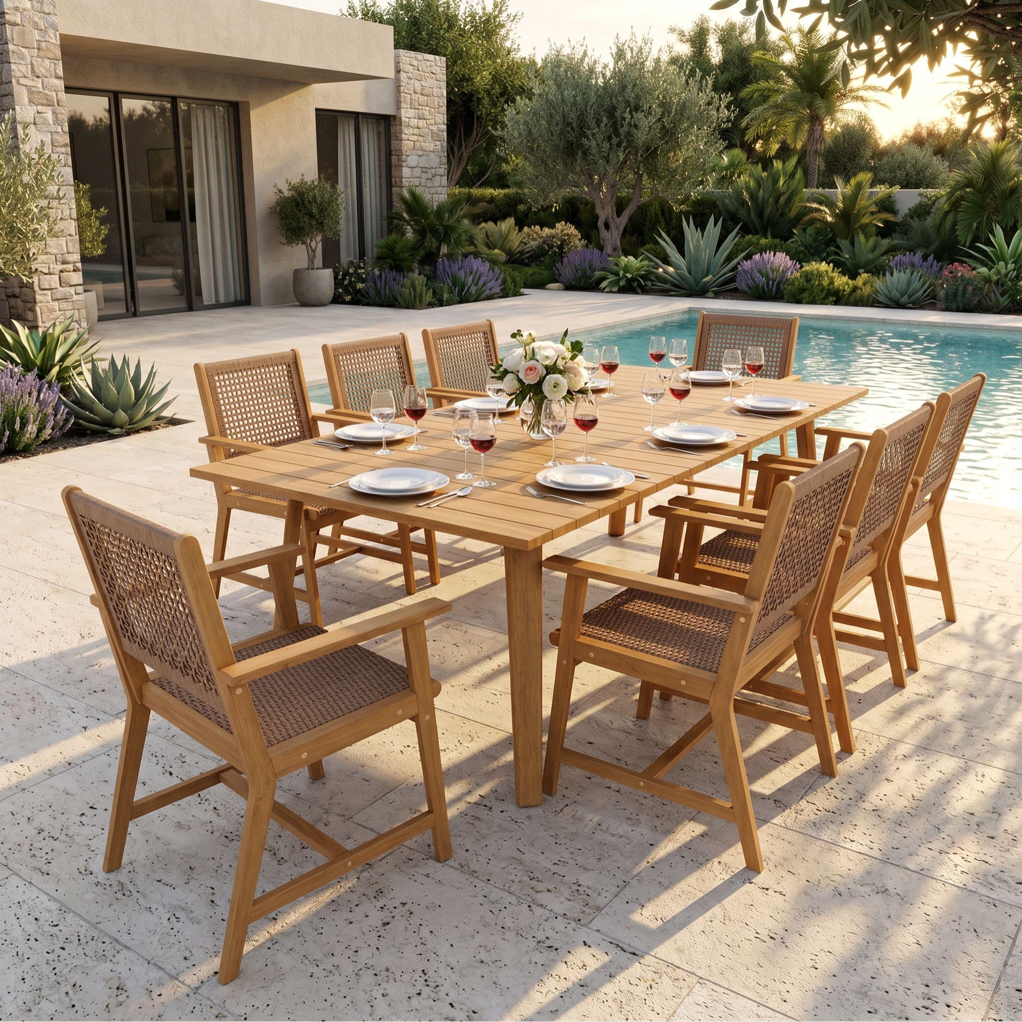 Sophia & William Outdoor Dining Set, Patio Furniture Set with Table and Chairs Set Wooden, Rattan Furniture Set of 8 Chairs and 1 Acacia Wood Rectangular Table for Yard, Garden, Porch and Poolside
