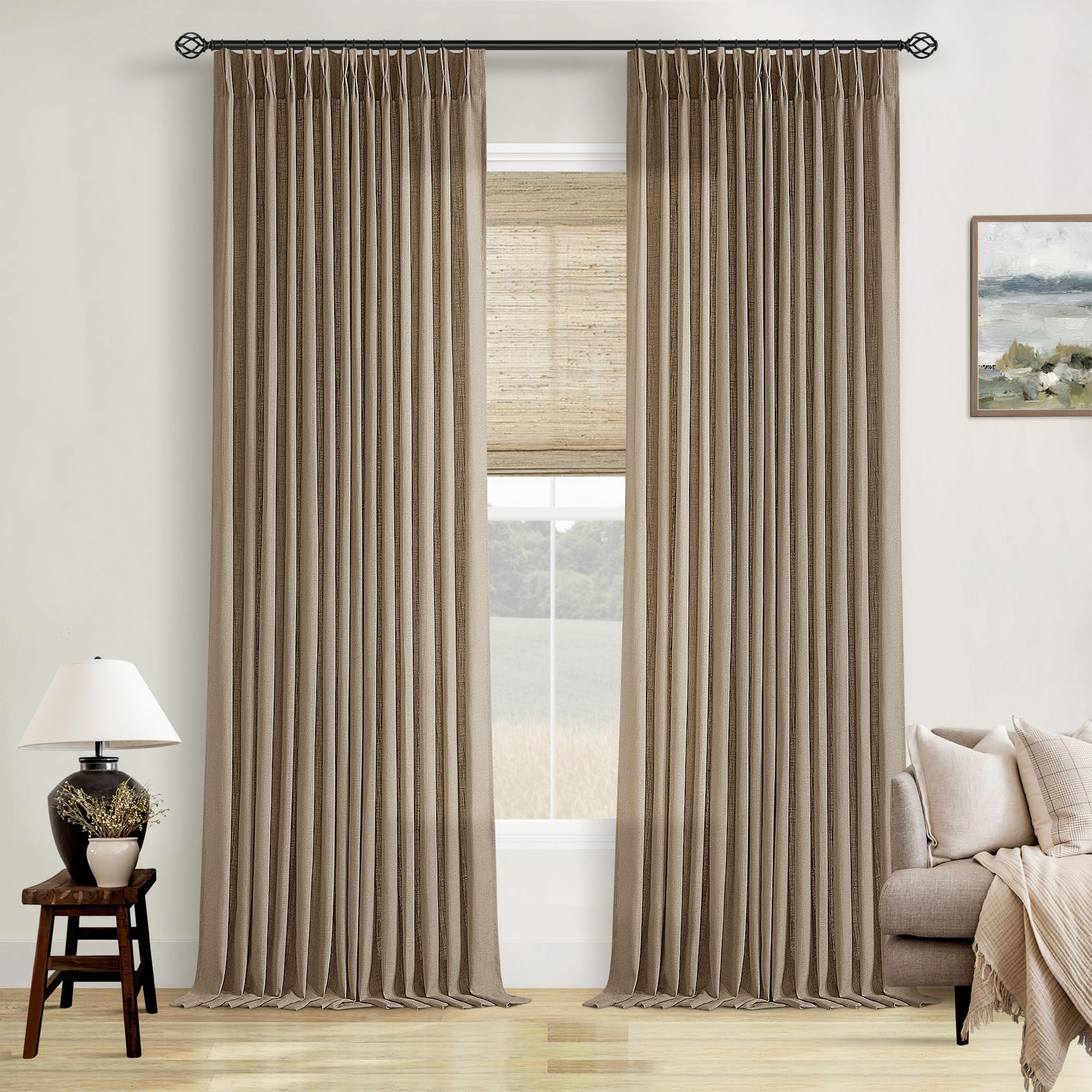 Pinch Pleated Linen Curtains 108 Inches Long for Living Room 2 Panels Set Cream Ivory Flax Double Pleated Drapes Back Tab Neutral Boho Ceiling Floor 108 Inch Window Curtains Bedroom Natural Birch