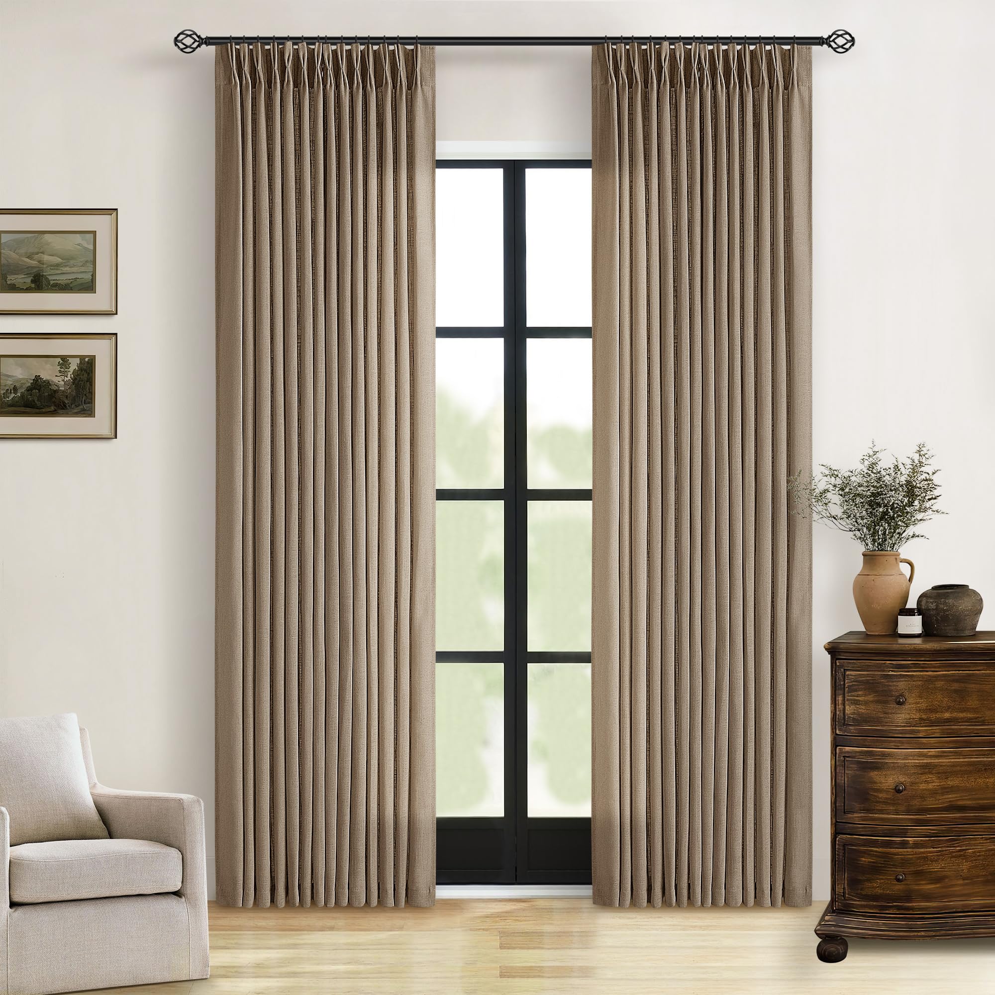 Pinch Pleated Linen Curtains 108 Inches Long for Living Room 2 Panels Set Cream Ivory Flax Double Pleated Drapes Back Tab Neutral Boho Ceiling Floor 108 Inch Window Curtains Bedroom Natural Birch