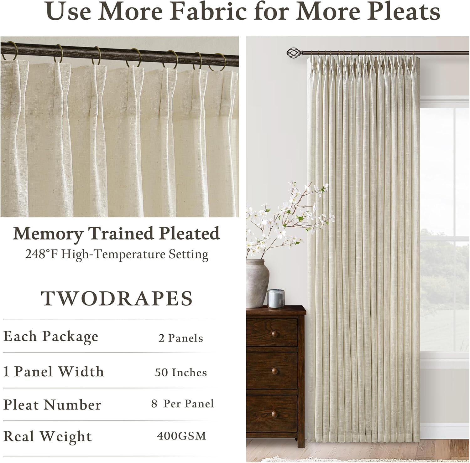 Tan Beige Memory Trained Curtains 105 Inches Long for Living Room 2 Panels Set Rustic Farmhouse Thick Linen Textured Rings Hooks Back Tab Pinch Pleated 100 Inch Curtain Drapes for Dining Bedroom