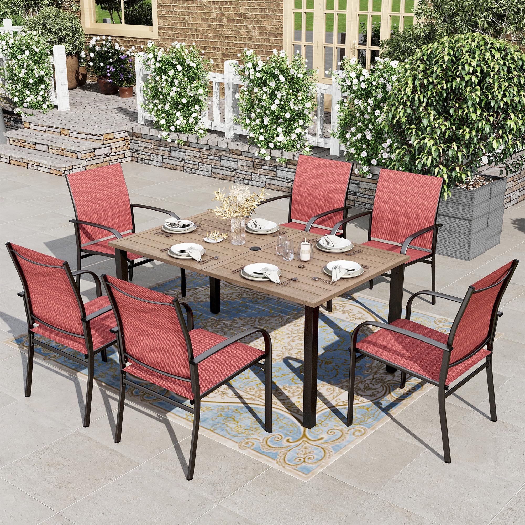 HERA'S HOUSE Patio Table and Chairs for 6, 7 Pieces Outdoor Deck Dining Sets, Wood-Like Rectangular Metal Table Set with Chairs for Lawn Garden Backyard, Brown