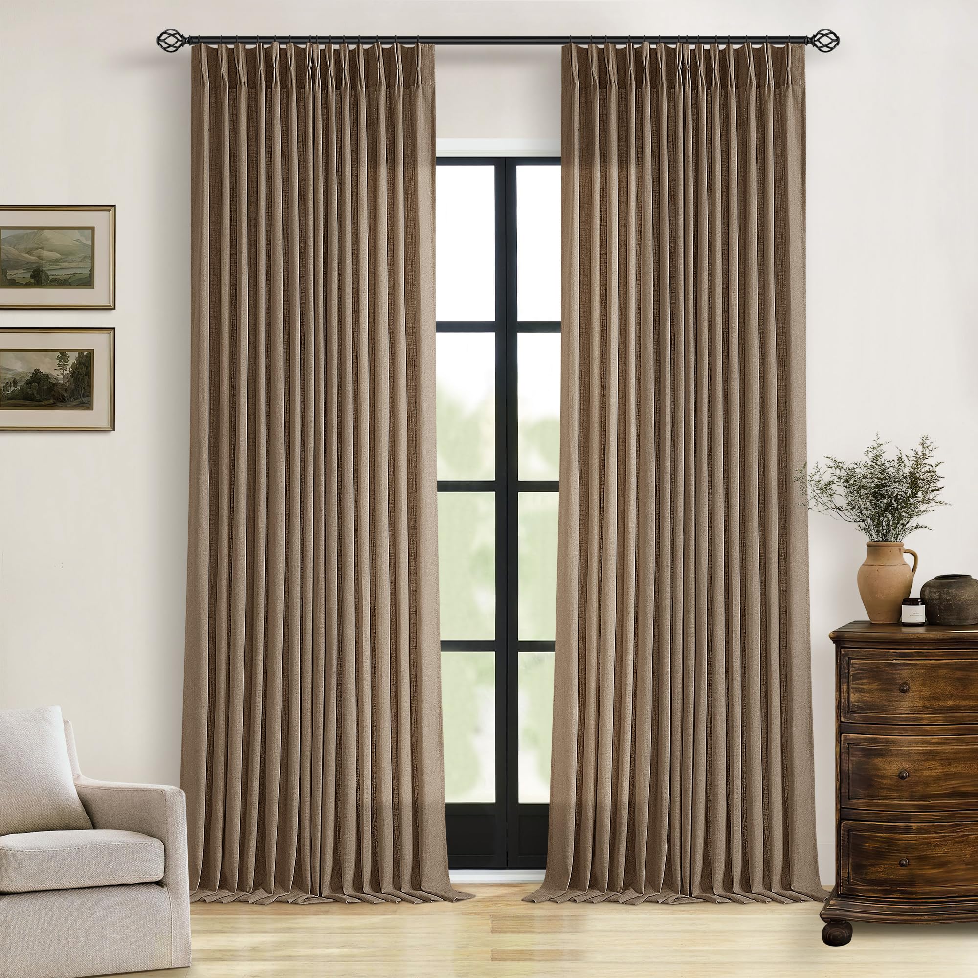 Pinch Pleated Linen Curtains 108 Inches Long for Living Room 2 Panels Set Cream Ivory Flax Double Pleated Drapes Back Tab Neutral Boho Ceiling Floor 108 Inch Window Curtains Bedroom Natural Birch