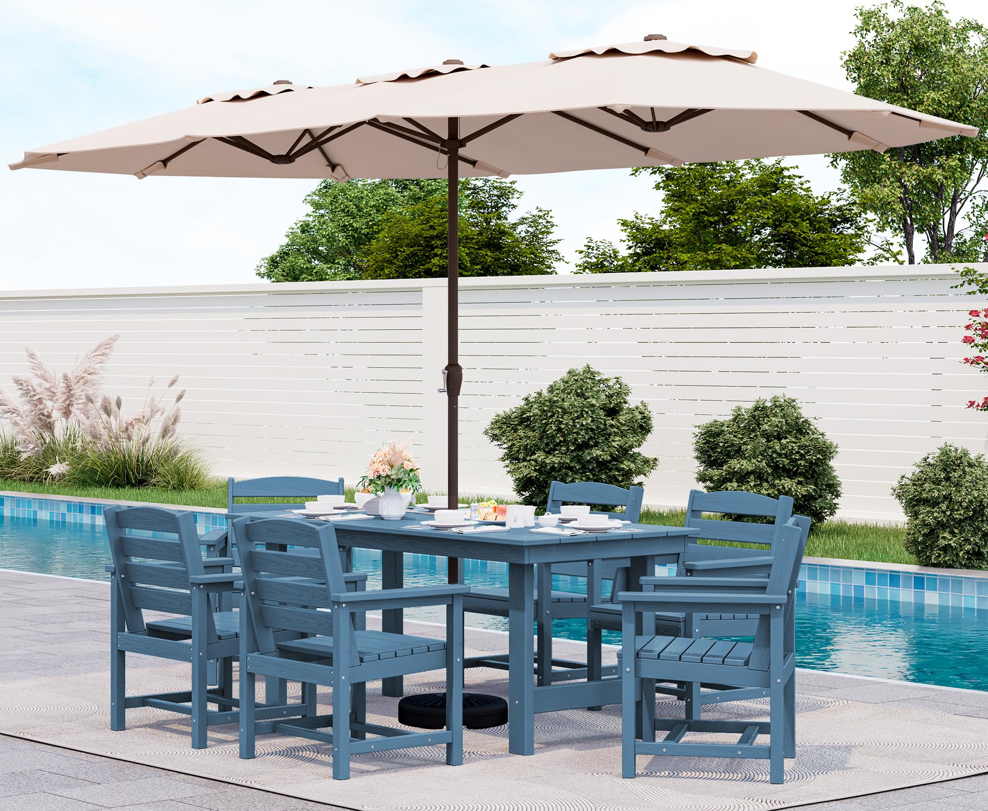 SERWALL 7-Piece Patio Dining Table Sets, Outdoor HDPE Dining Furniture Set with Umbrella Hole Cut-Out Table and 6 Chairs, Blue