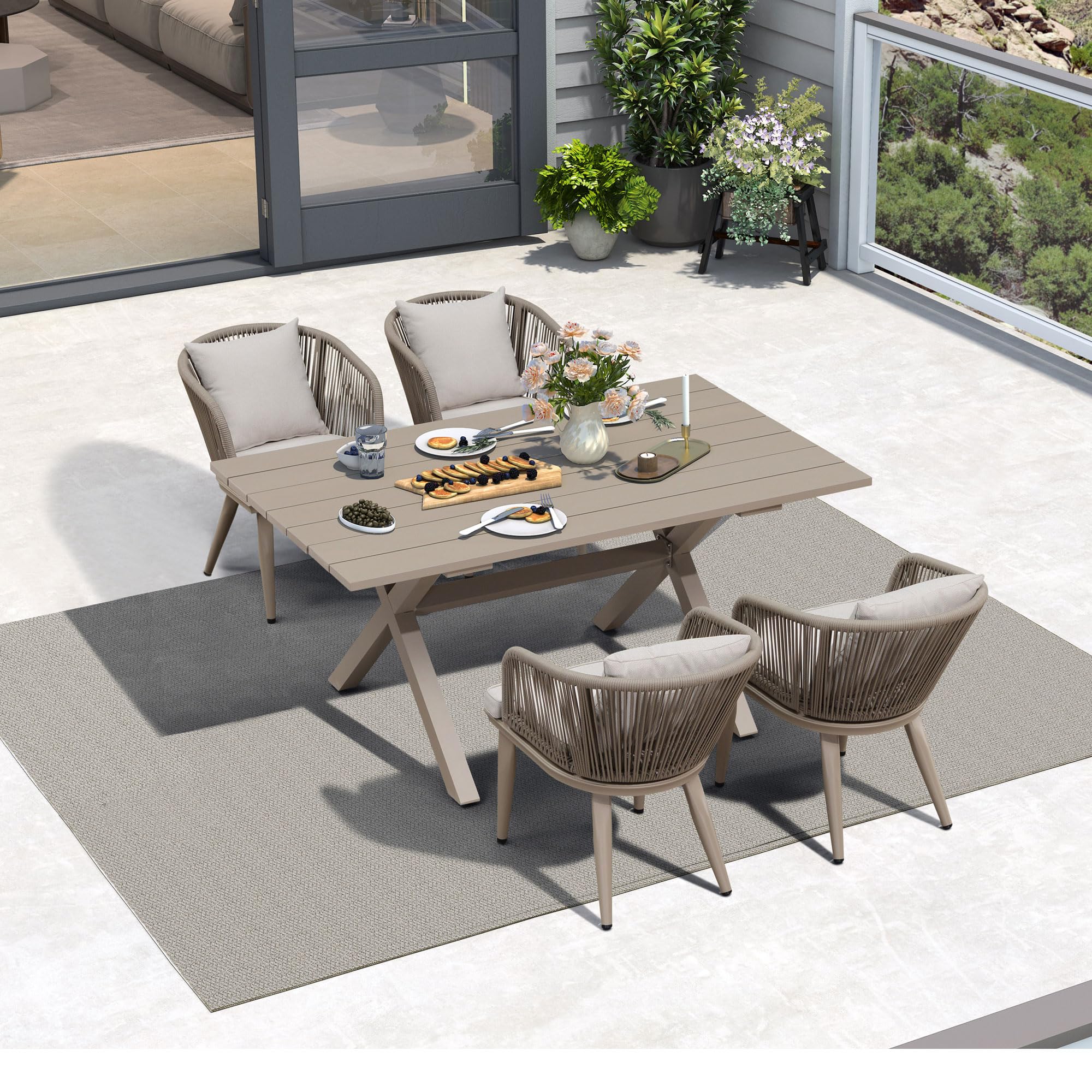 PURPLE LEAF 9 Pieces Patio Dining Set Wicker Outdoor Furniture Rectangular Table and Chairs Set for Garden Deck Teak-Finish Aluminum Frame Backyard Kitchen Set, Cushions and Pillows Included