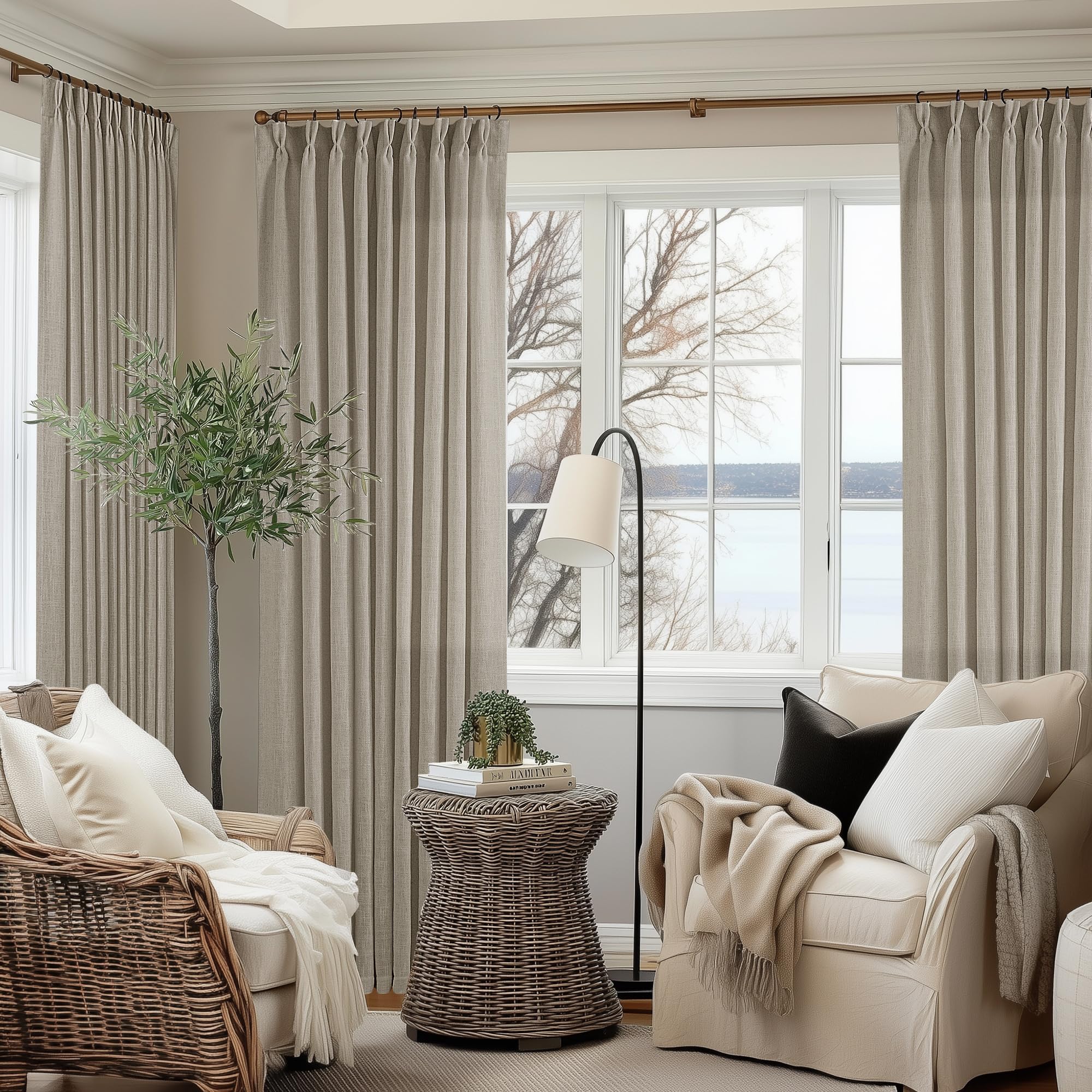 Pinch Pleated Linen Curtains 108 Inches Long for Living Room 2 Panels Set Cream Ivory Flax Double Pleated Drapes Back Tab Neutral Boho Ceiling Floor 108 Inch Window Curtains Bedroom Natural Birch