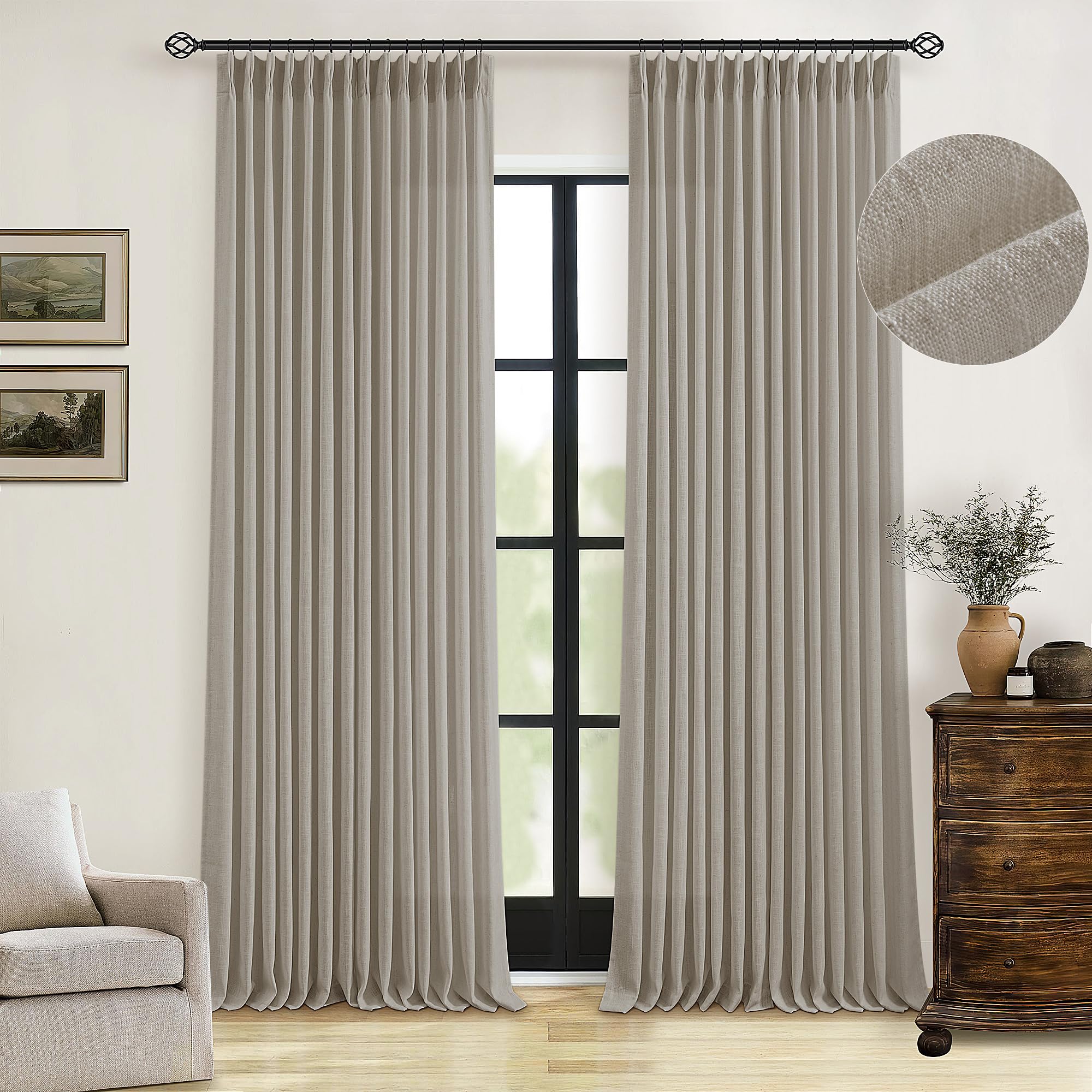 Pinch Pleated Linen Curtains 108 Inches Long for Living Room 2 Panels Set Cream Ivory Flax Double Pleated Drapes Back Tab Neutral Boho Ceiling Floor 108 Inch Window Curtains Bedroom Natural Birch