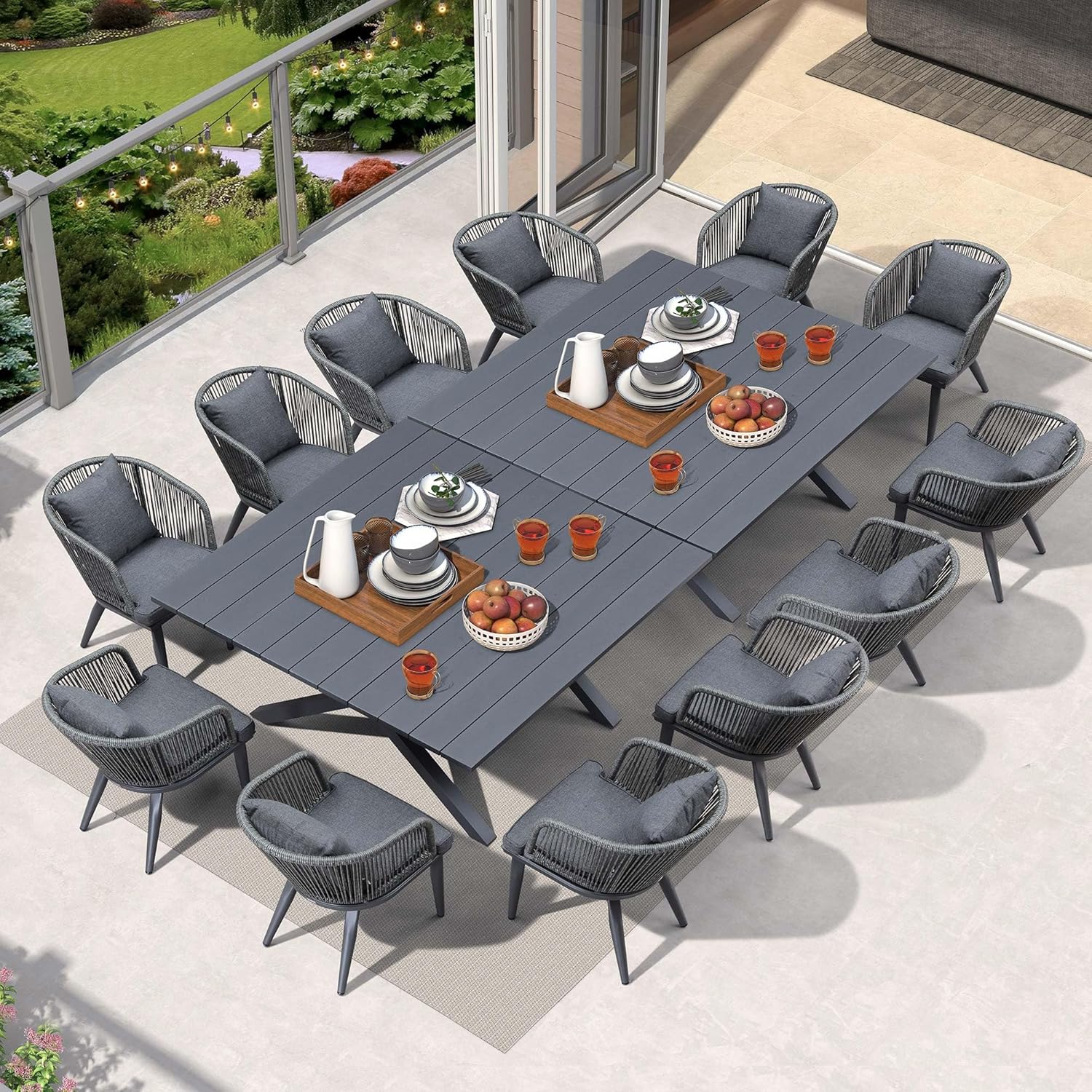 PURPLE LEAF 9 Pieces Patio Dining Set Wicker Outdoor Furniture Rectangular Table and Chairs Set for Garden Deck Teak-Finish Aluminum Frame Backyard Kitchen Set, Cushions and Pillows Included