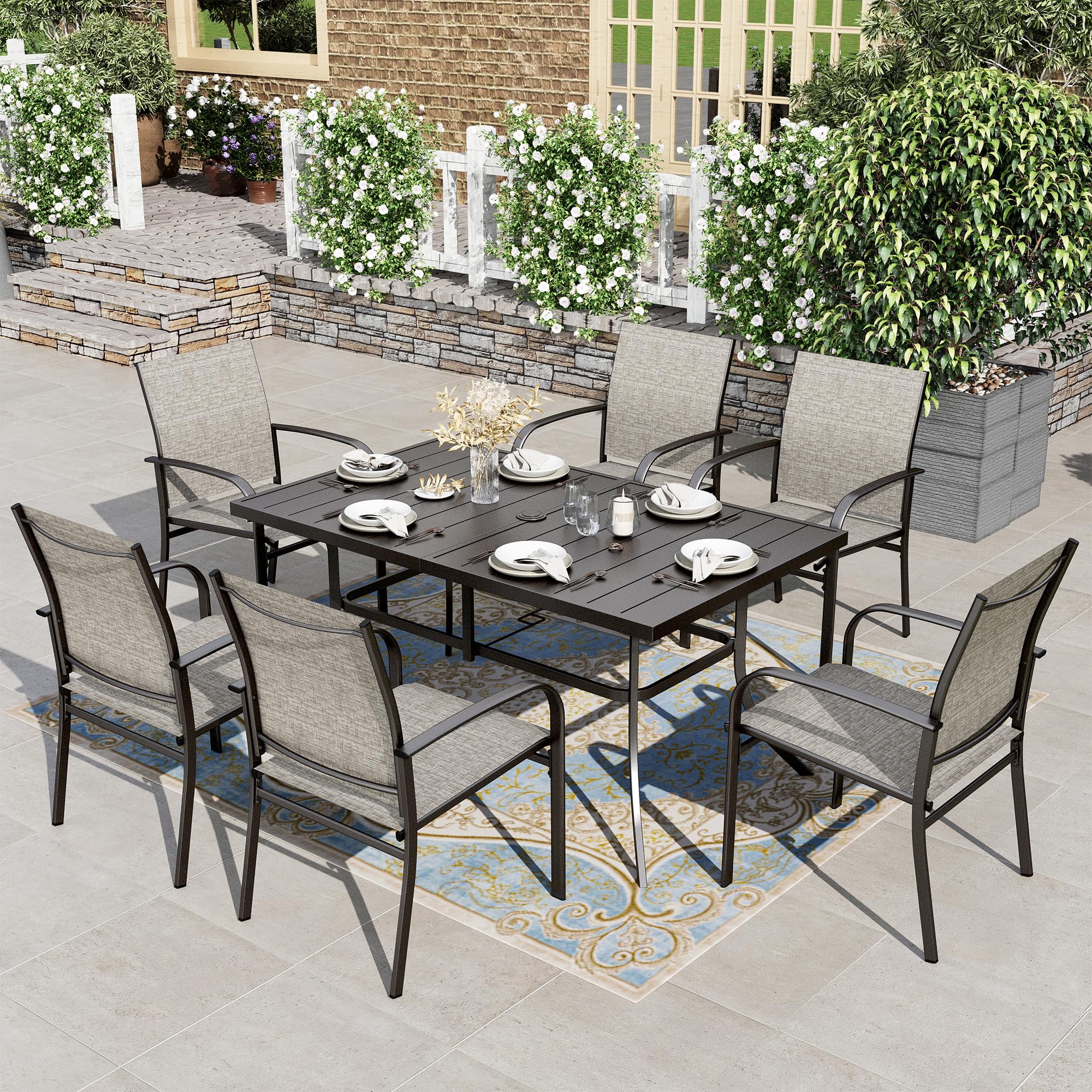 HERA'S HOUSE Patio Table and Chairs for 6, 7 Pieces Outdoor Deck Dining Sets, Wood-Like Rectangular Metal Table Set with Chairs for Lawn Garden Backyard, Brown