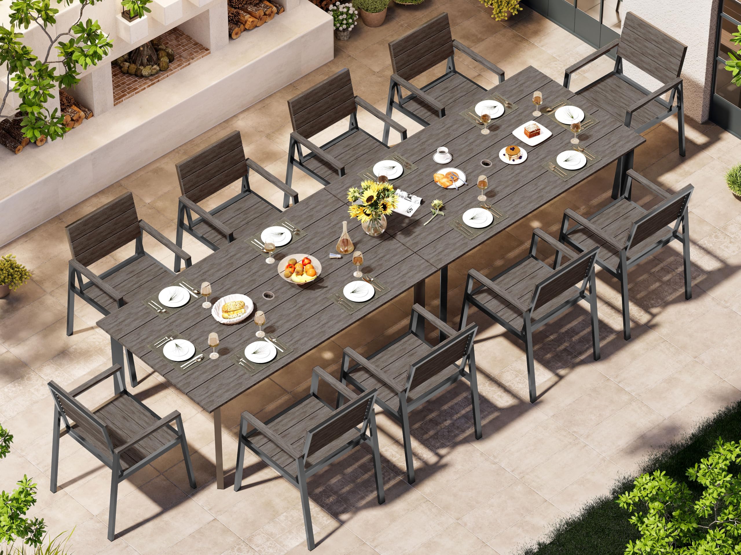 Outdoor Dining Set, Patio Table and Chairs Set with Umbrella Hole, 7 Pieces HDPS + Aluminum Patio Dining Furniture Set for Backyard, Garden (Gray & Teak)