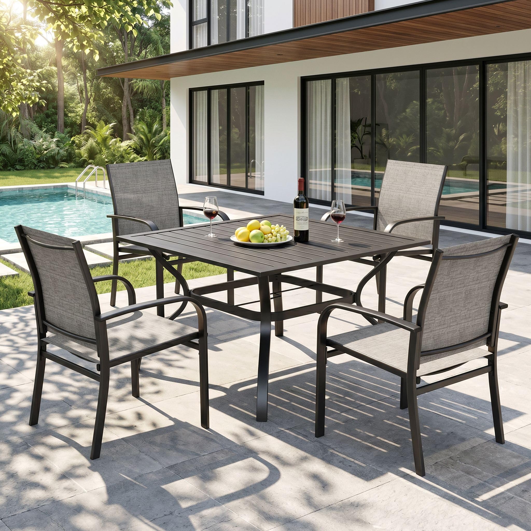 HERA'S HOUSE Patio Table and Chairs for 6, 7 Pieces Outdoor Deck Dining Sets, Wood-Like Rectangular Metal Table Set with Chairs for Lawn Garden Backyard, Brown