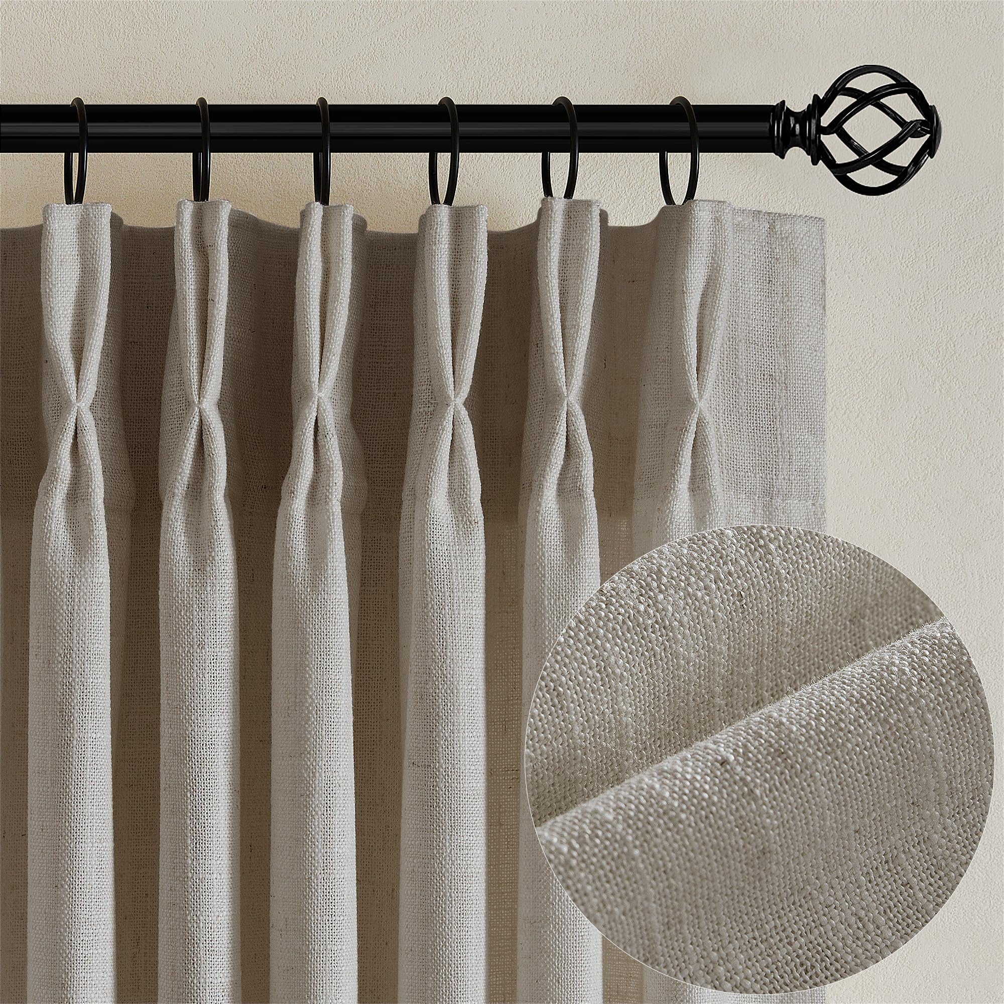 Pinch Pleated Linen Curtains 108 Inches Long for Living Room 2 Panels Set Cream Ivory Flax Double Pleated Drapes Back Tab Neutral Boho Ceiling Floor 108 Inch Window Curtains Bedroom Natural Birch