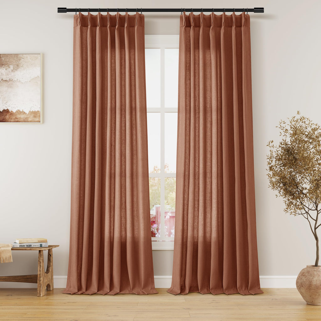 Extra Long Linen Curtains 108 Inch for Living Room Cream Pinch Pleated 9 FT Drapes Semi Sheer Ceiling to Floor Curtain for Bedroom Back Tab Flax Neutral Boho Decor Window, Natural Beige Ivory 2 Panels