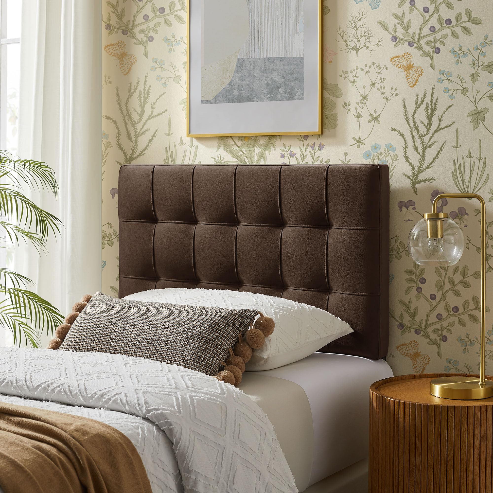 Modway Lily Performance Velvet Full Size Headboard with Biscuit Tufting in Alabaster - Stain-Resistant Upholstery with Padded Design and 5 Height-Adjustable Mounts