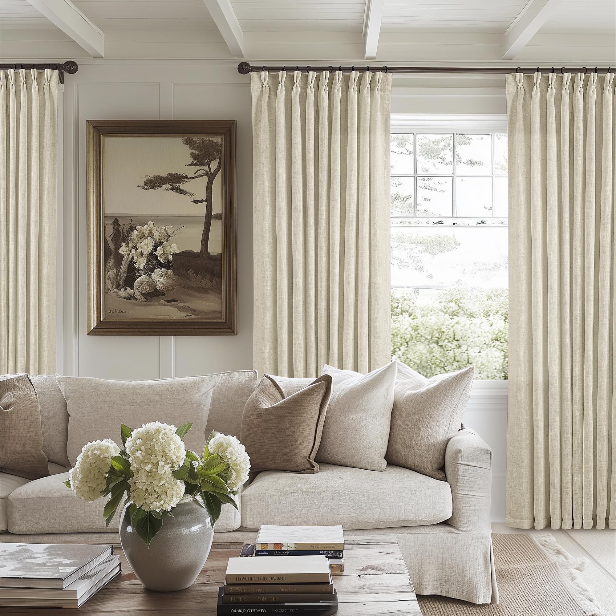 Pinch Pleated Linen Curtains 108 Inches Long for Living Room 2 Panels Set Cream Ivory Flax Double Pleated Drapes Back Tab Neutral Boho Ceiling Floor 108 Inch Window Curtains Bedroom Natural Birch