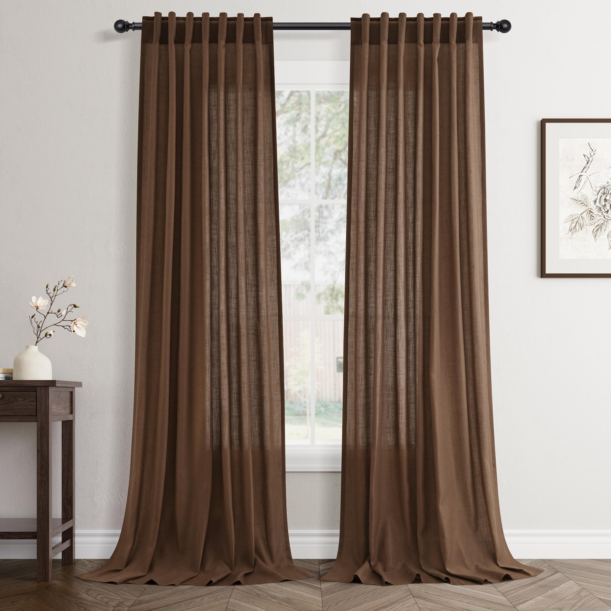 Flax Linen Beige Curtains 96 inches Long 2 Panel for Living Room Back Tab Pocket Drapes Semi Sheer Privacy Khaki Window Curtain Country Rustic Farmhouse Cloth Curtain for Dinning Room Tan