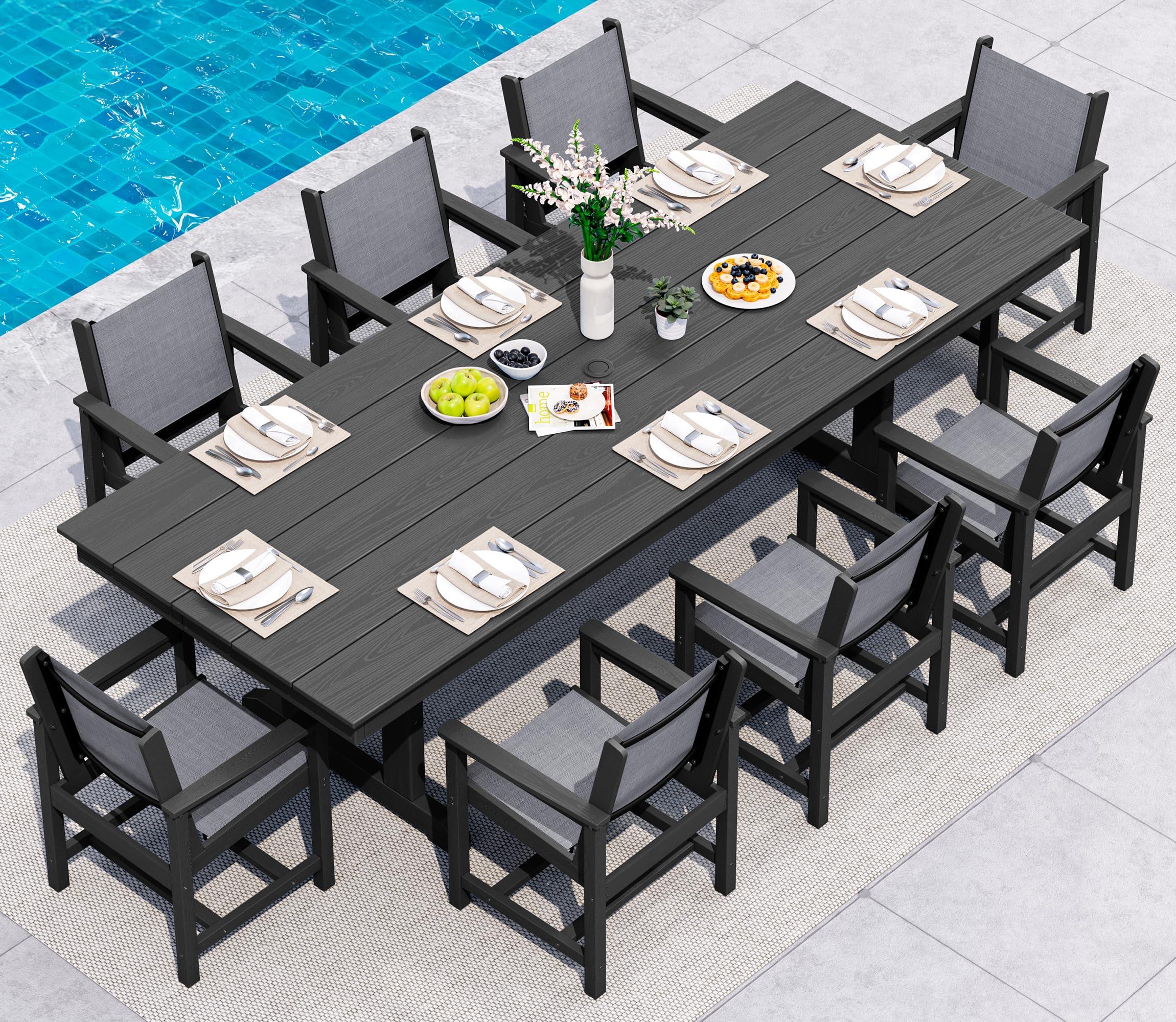 SERWALL 9 Piece Outdoor Dining Set, 84" HDPE Large Patio Dining Furniture Set for 8, with Pre-drilled Umbrella Hole, Outdoor Tables and Chairs Set for Garden, Brown