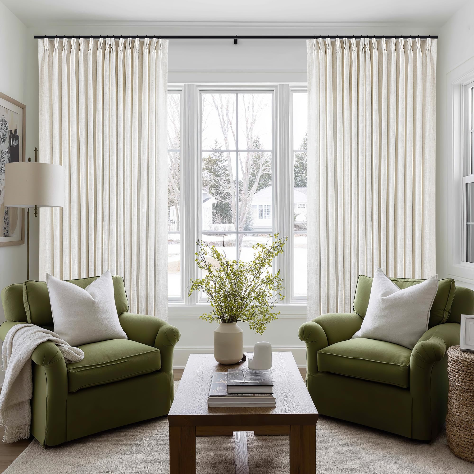 Pinch Pleated Linen Curtains 108 Inches Long for Living Room 2 Panels Set Cream Ivory Flax Double Pleated Drapes Back Tab Neutral Boho Ceiling Floor 108 Inch Window Curtains Bedroom Natural Birch