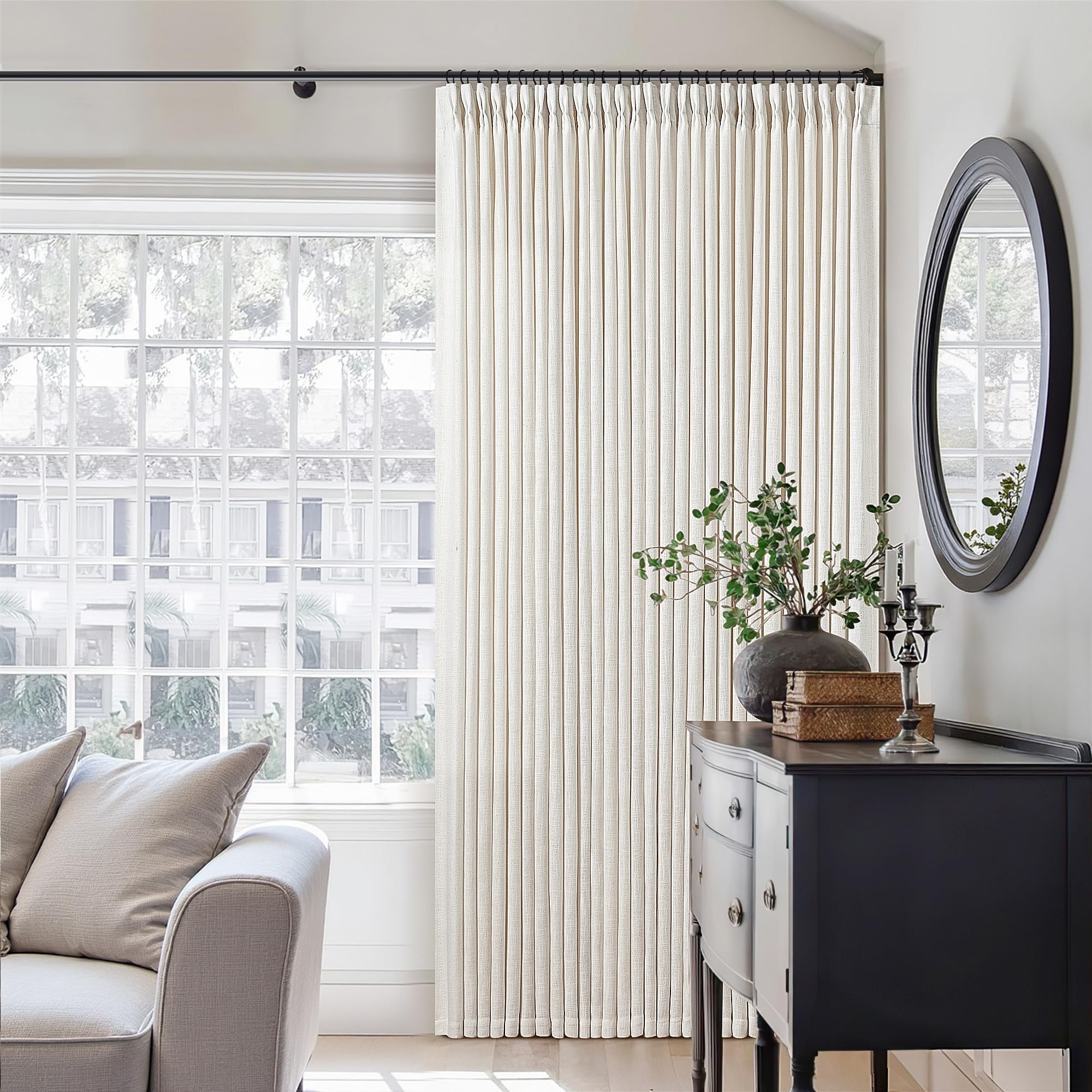 Pinch Pleated Linen Curtains 108 Inches Long for Living Room 2 Panels Set Cream Ivory Flax Double Pleated Drapes Back Tab Neutral Boho Ceiling Floor 108 Inch Window Curtains Bedroom Natural Birch