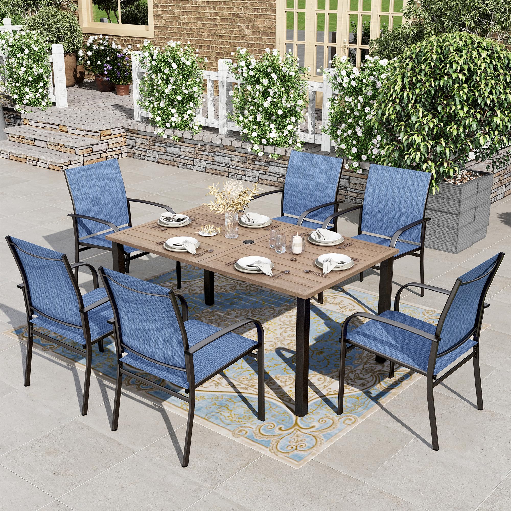 HERA'S HOUSE Patio Table and Chairs for 6, 7 Pieces Outdoor Deck Dining Sets, Wood-Like Rectangular Metal Table Set with Chairs for Lawn Garden Backyard, Brown