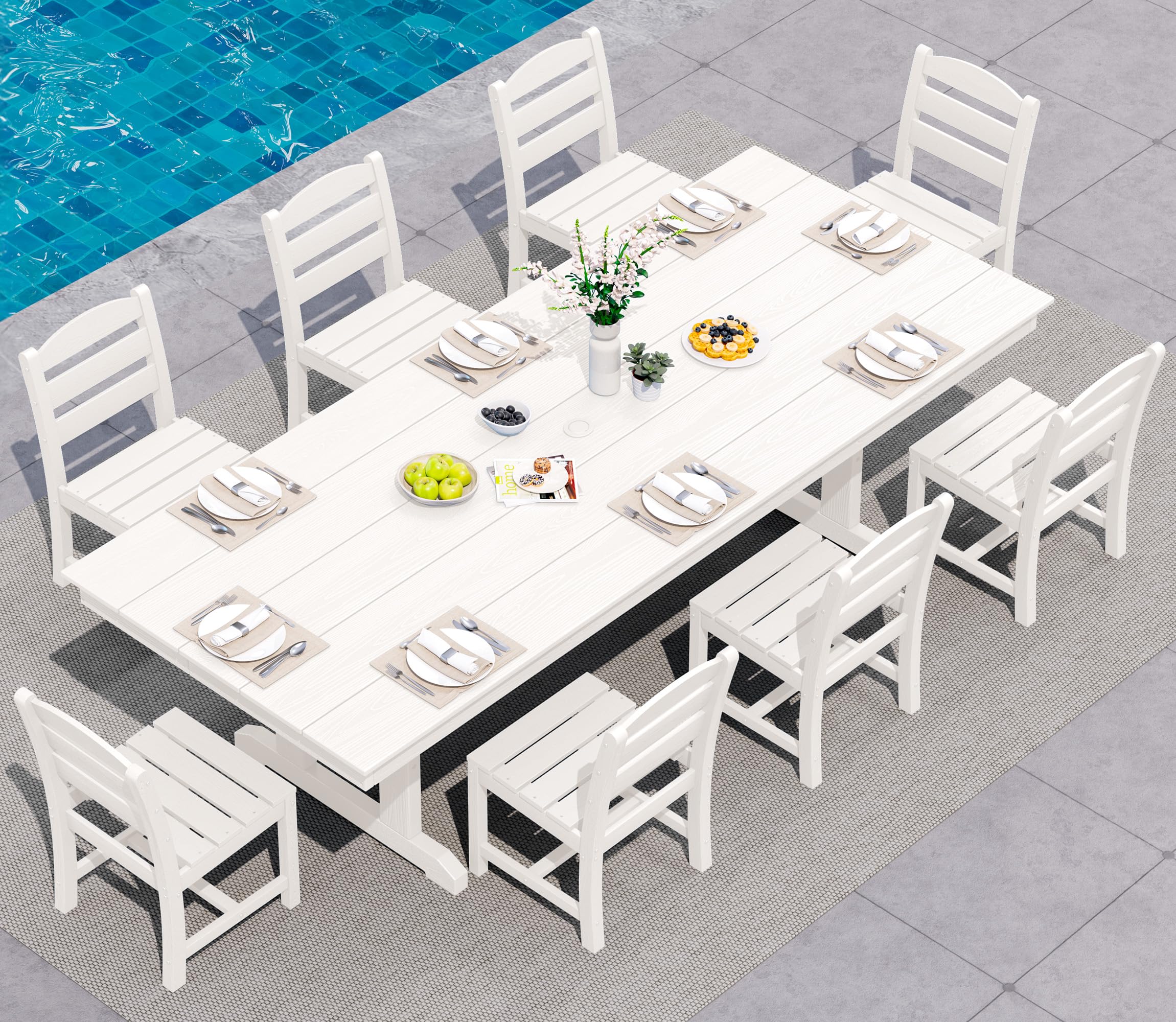 SERWALL 9 Piece Outdoor Dining Set, 84" HDPE Large Patio Dining Furniture Set for 8, with Pre-drilled Umbrella Hole, Outdoor Tables and Chairs Set for Garden, Brown