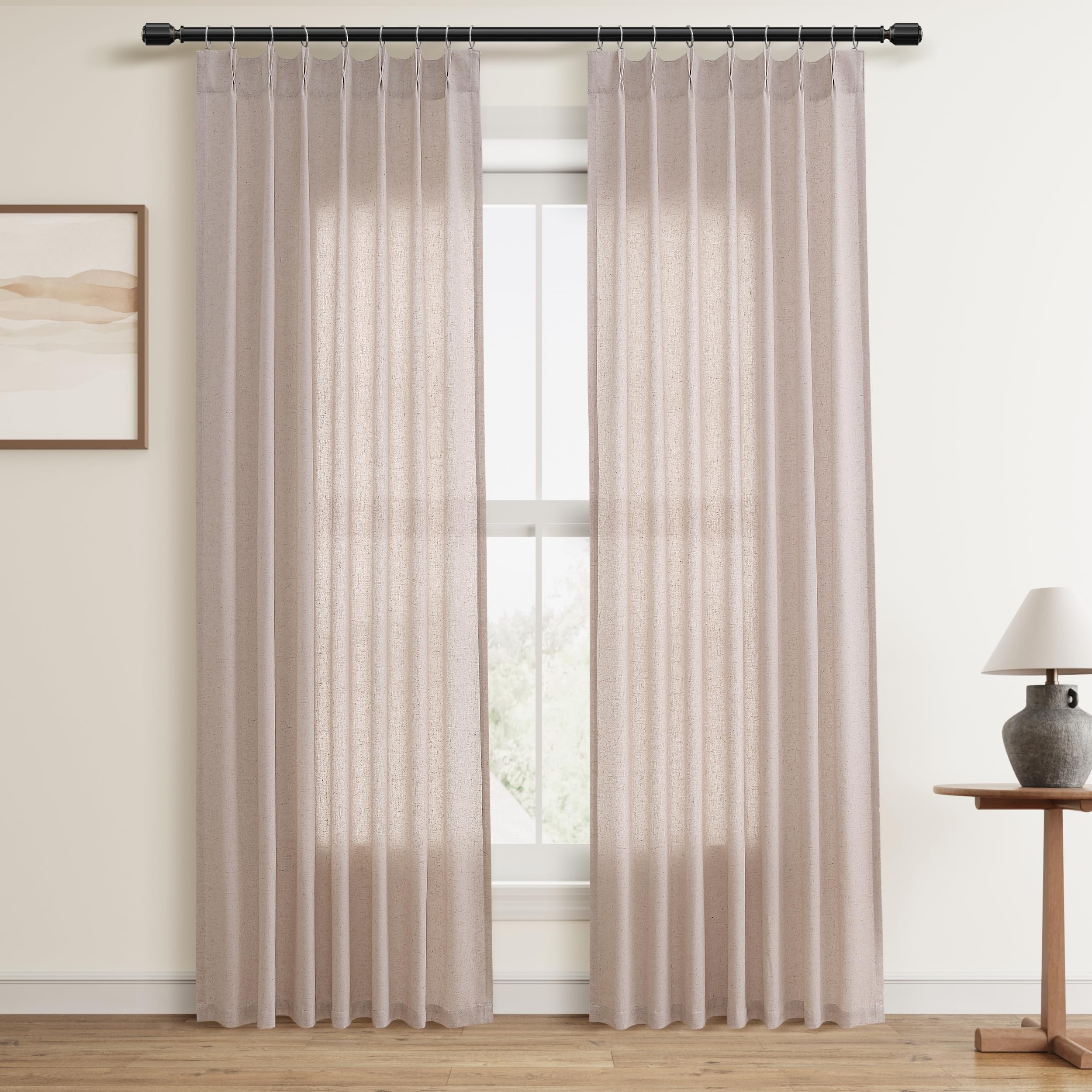 Extra Long Linen Curtains 108 Inch for Living Room Cream Pinch Pleated 9 FT Drapes Semi Sheer Ceiling to Floor Curtain for Bedroom Back Tab Flax Neutral Boho Decor Window, Natural Beige Ivory 2 Panels