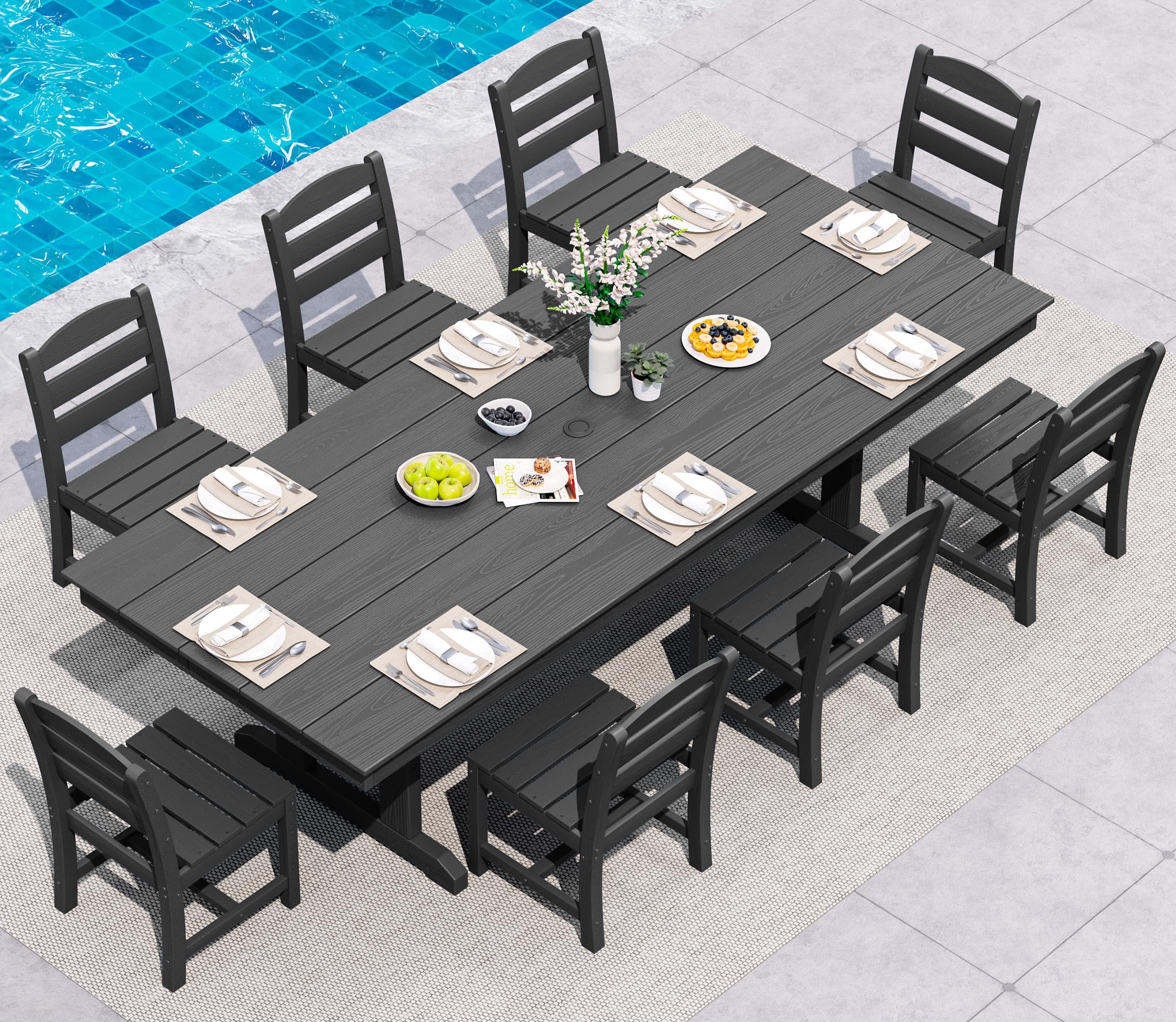 SERWALL 9 Piece Outdoor Dining Set, 84" HDPE Large Patio Dining Furniture Set for 8, with Pre-drilled Umbrella Hole, Outdoor Tables and Chairs Set for Garden, Brown