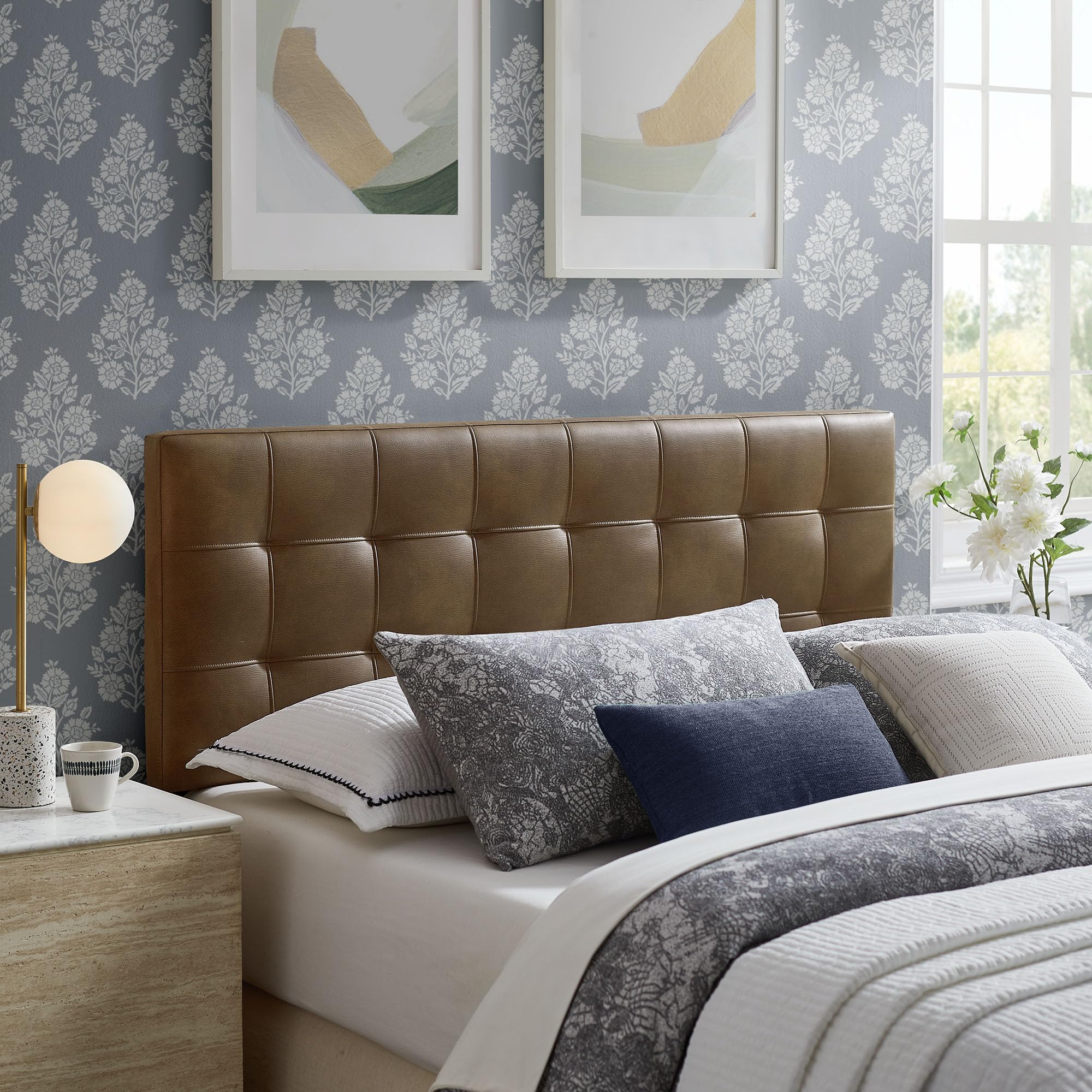 Modway Lily Performance Velvet Full Size Headboard with Biscuit Tufting in Alabaster - Stain-Resistant Upholstery with Padded Design and 5 Height-Adjustable Mounts