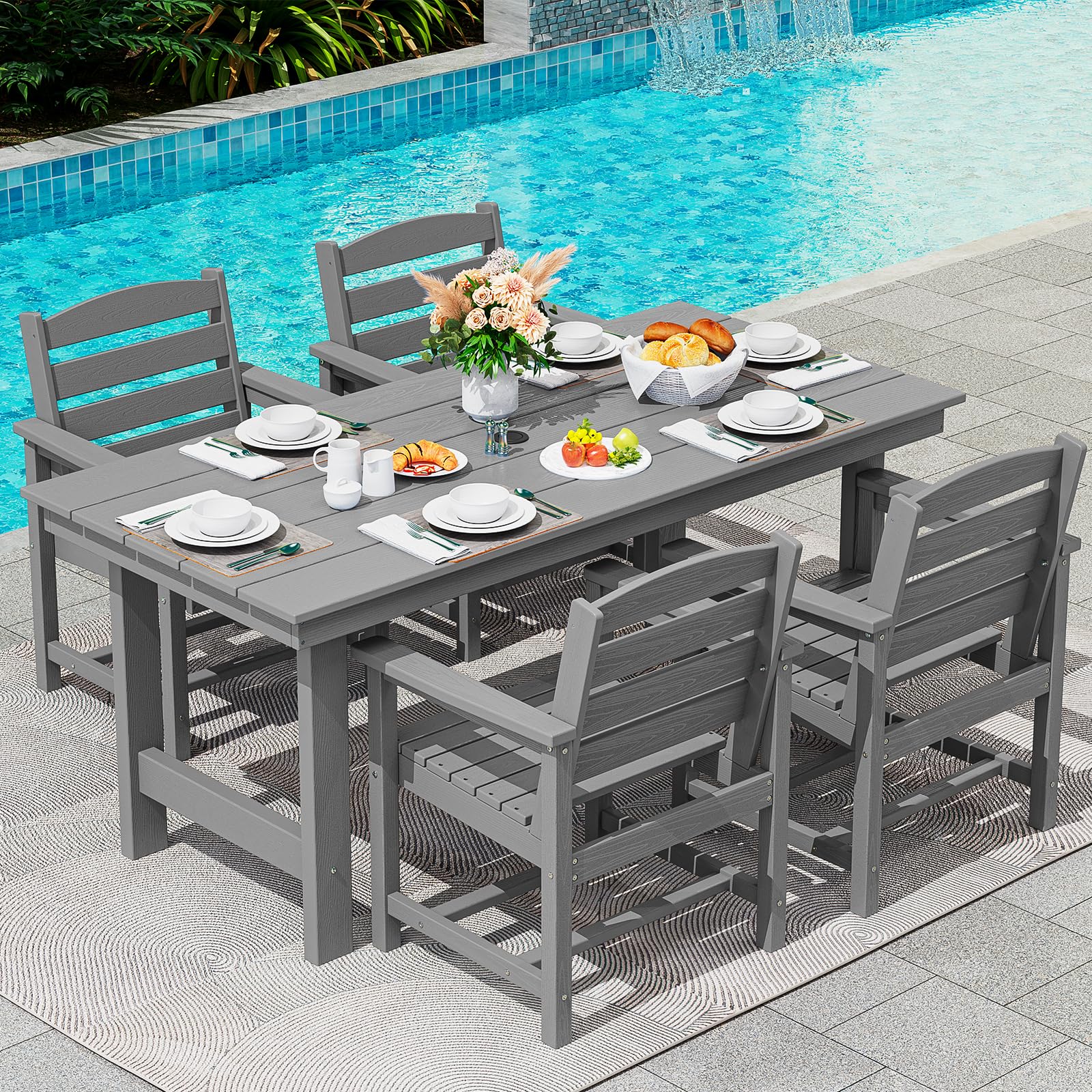 SERWALL Patio Dining Sets for 6 Person, HDPE Dining Set with 6 Armless Chairs, Black