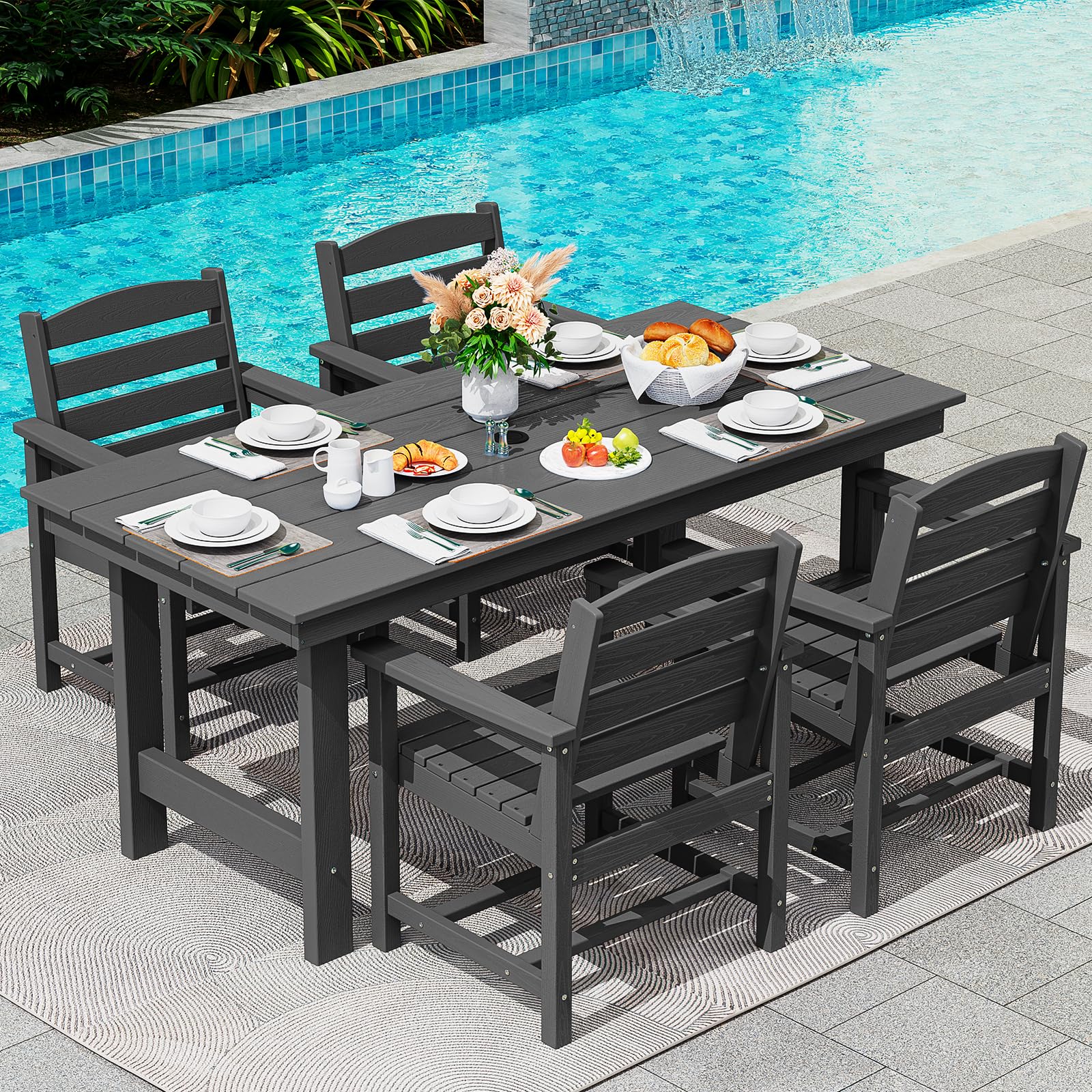 SERWALL 7-Piece Patio Dining Table Sets, Outdoor HDPE Dining Furniture Set with Umbrella Hole Cut-Out Table and 6 Chairs, Blue