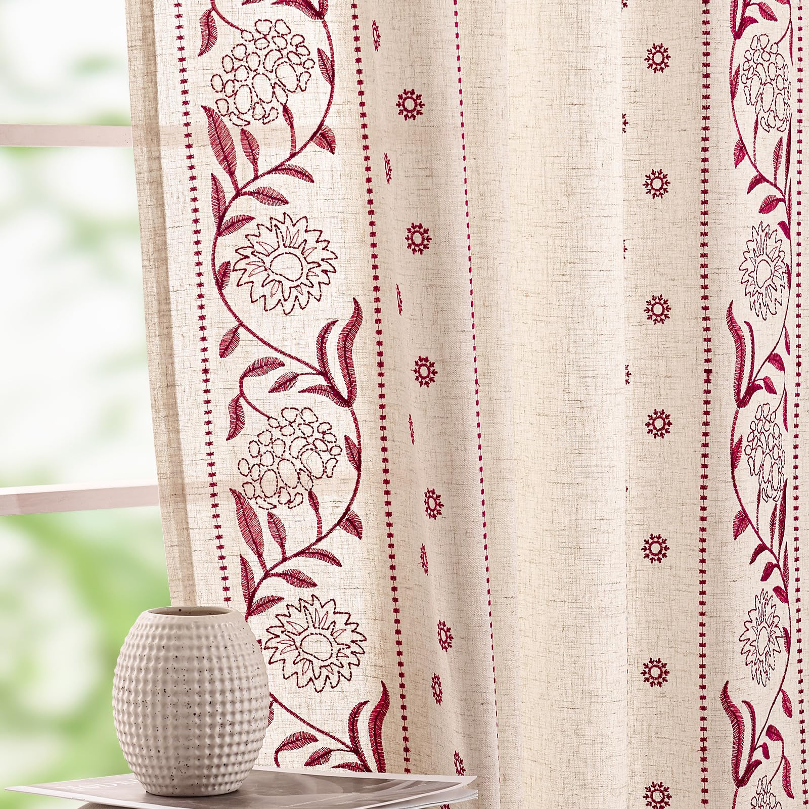 jinchan Winslow Linen Curtains for Bedroom 84 Inches Length Embroidered Bordered Floral Curtains for Living Room Farmhouse Decor Light Filtering Window Treatments Ivory on Beige Drapes 2 Panels