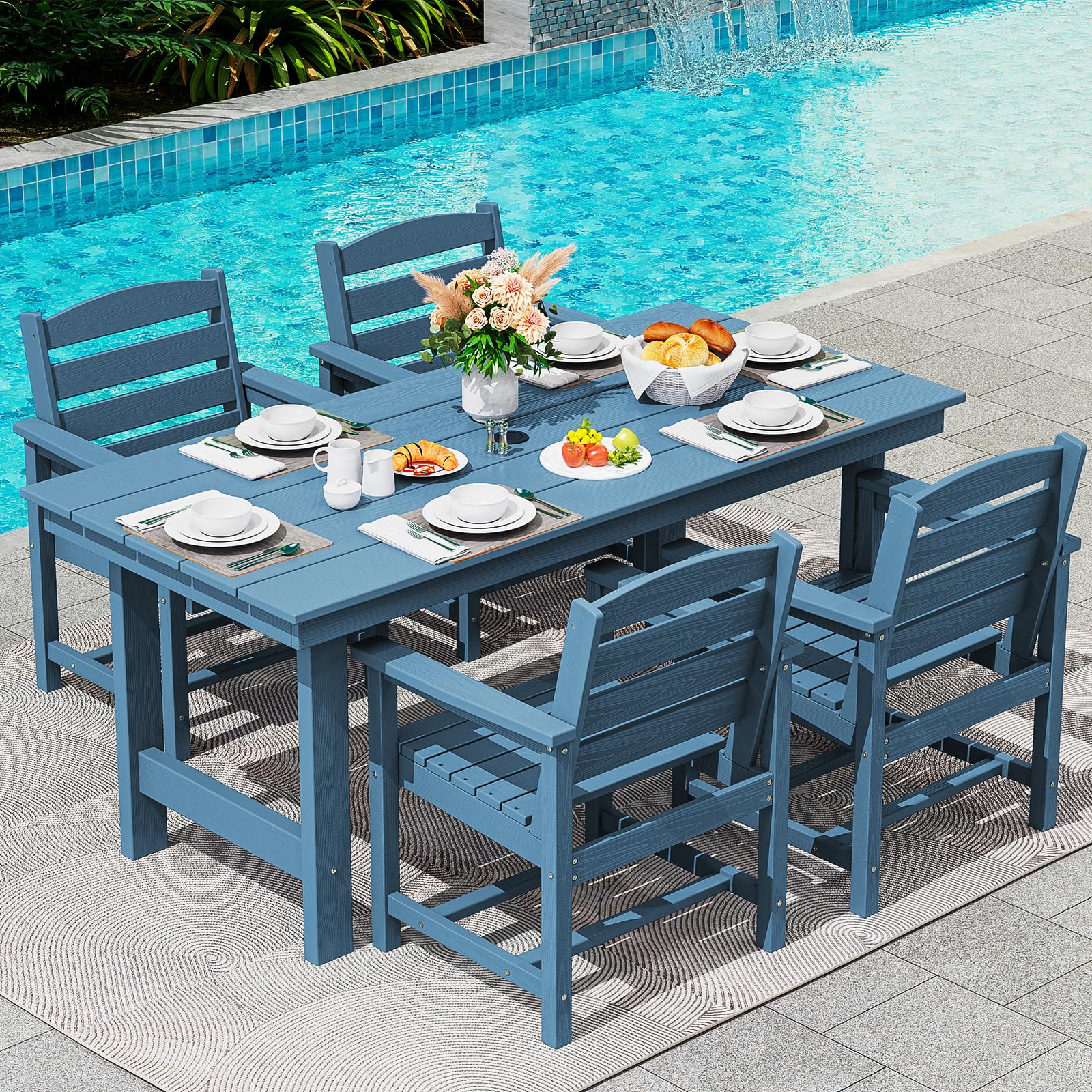 SERWALL Patio Dining Sets for 6 Person, HDPE Dining Set with 6 Armless Chairs, Black
