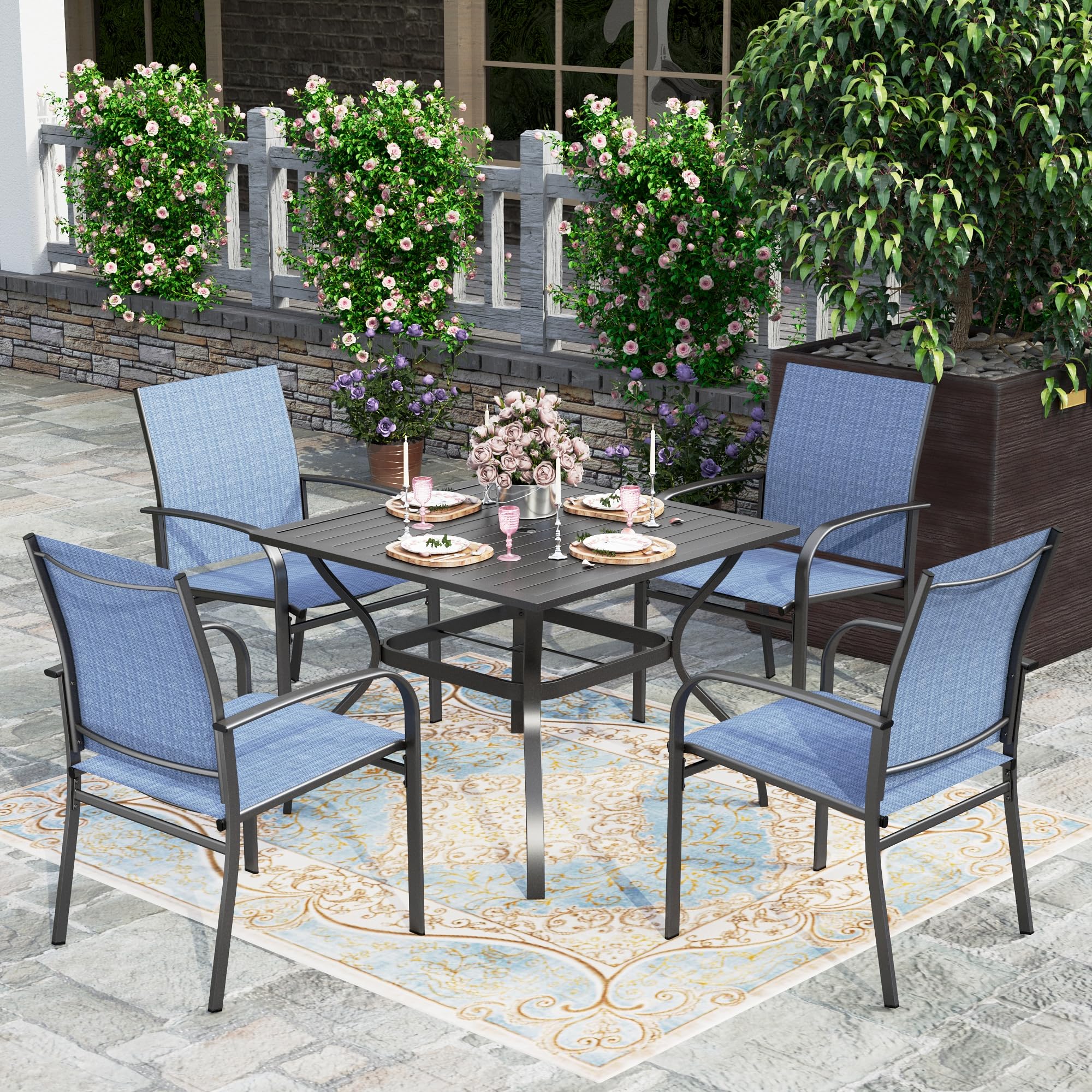 HERA'S HOUSE Patio Table and Chairs for 6, 7 Pieces Outdoor Deck Dining Sets, Wood-Like Rectangular Metal Table Set with Chairs for Lawn Garden Backyard, Brown