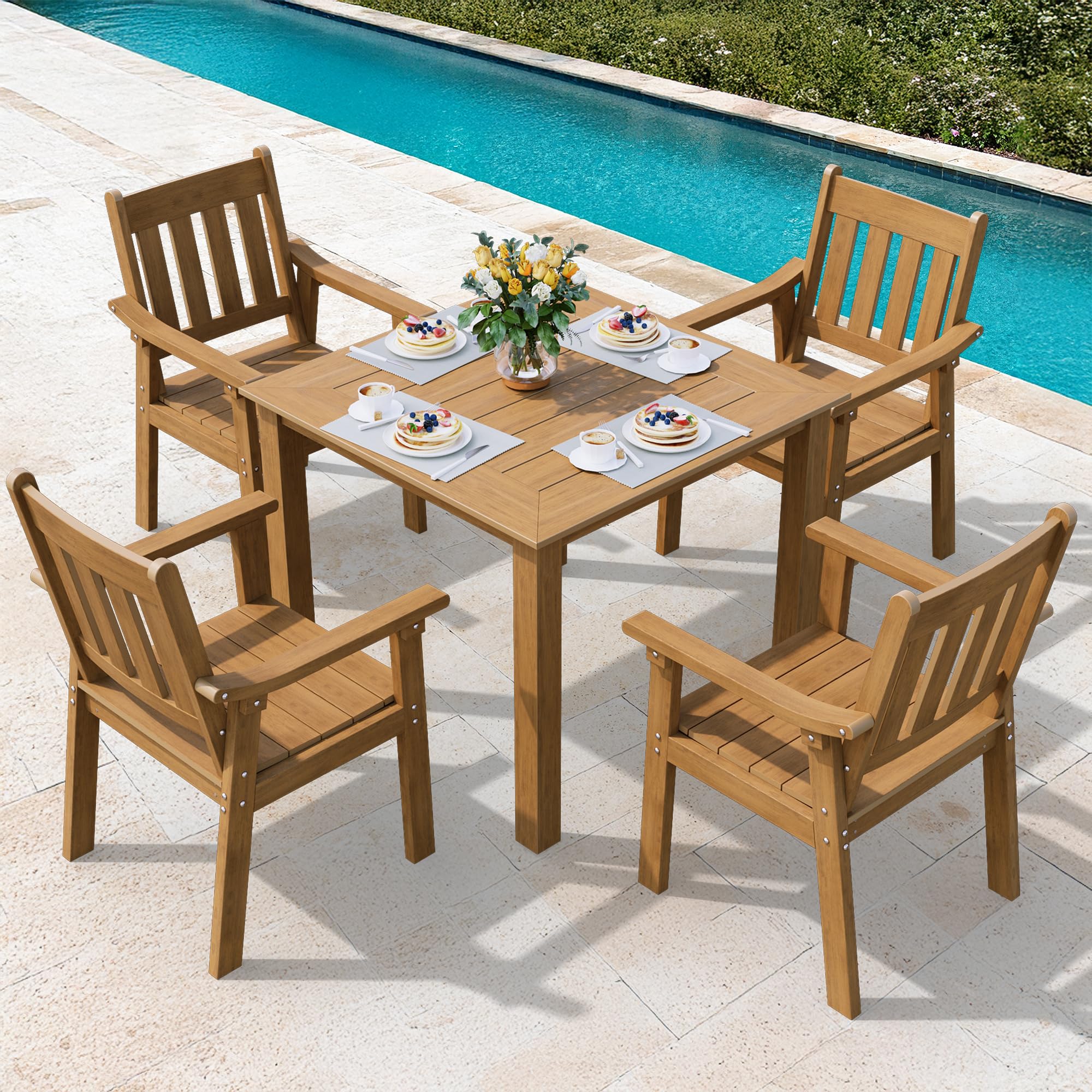 YEFU HIPS Patio Table Set: 7 Piece Outdoor Table and Chairs Dining Furniture Set with Umbrella Hole - Teak Modern Plastic Dining Sets 6 Person for Outside Deck with Metal Aluminum Frame