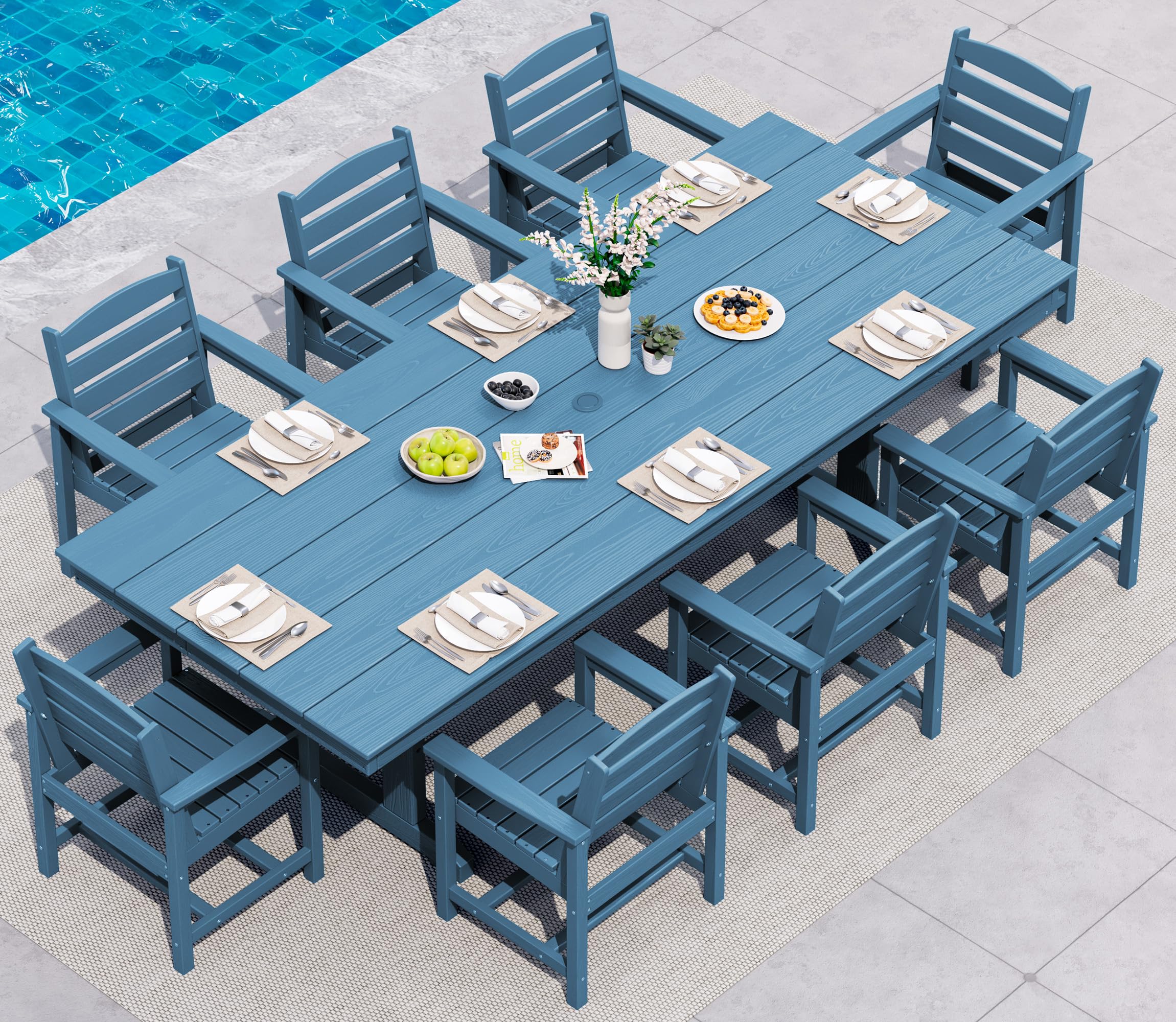 SERWALL 9 Piece Outdoor Dining Set, 84" HDPE Large Patio Dining Furniture Set for 8, with Pre-drilled Umbrella Hole, Outdoor Tables and Chairs Set for Garden, Brown