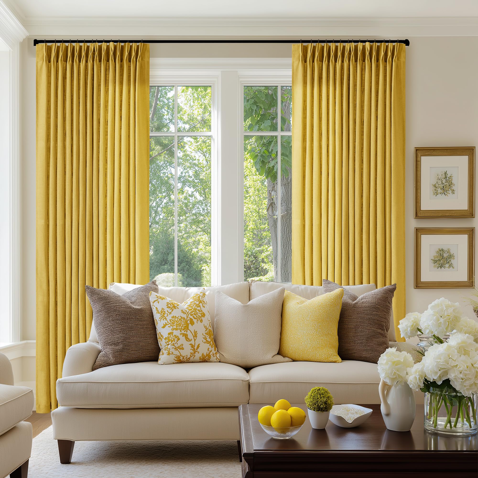 Pinch Pleated Linen Curtains 108 Inches Long for Living Room 2 Panels Set Cream Ivory Flax Double Pleated Drapes Back Tab Neutral Boho Ceiling Floor 108 Inch Window Curtains Bedroom Natural Birch