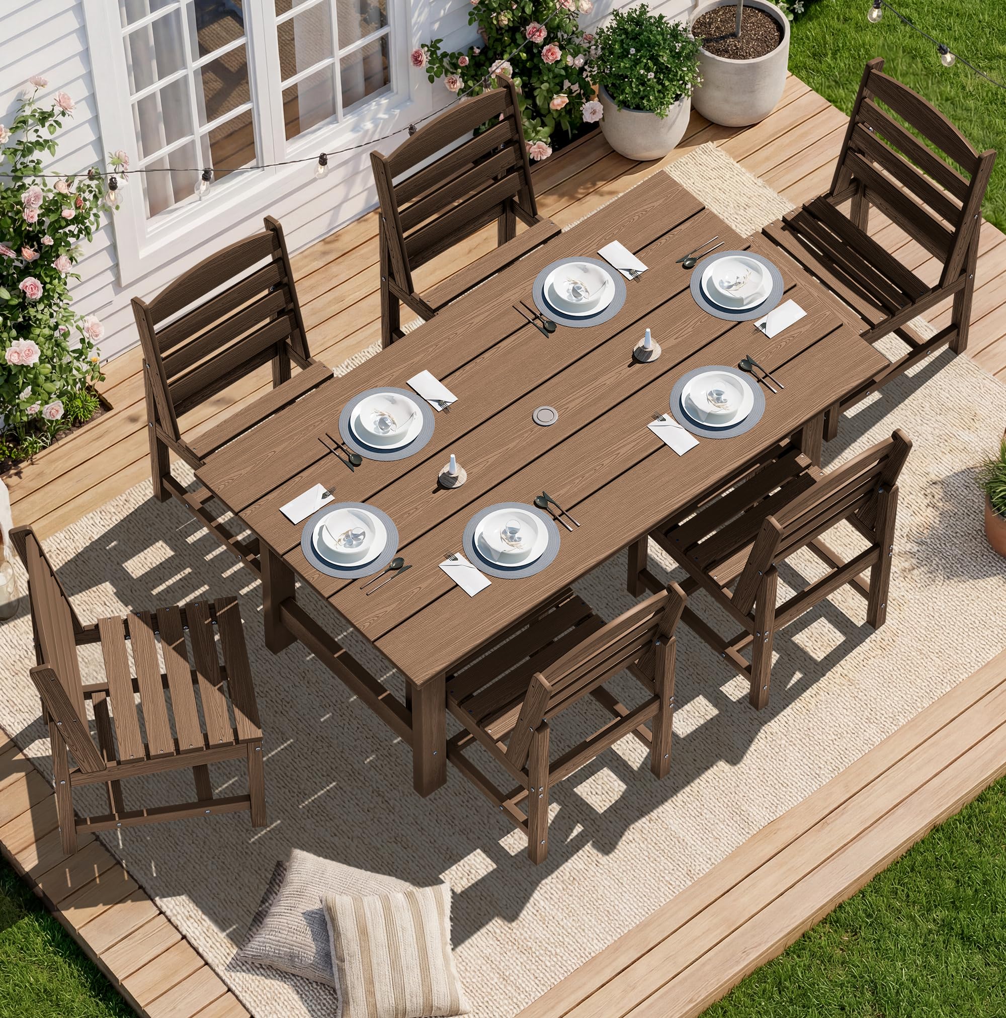 SERWALL Patio Dining Sets for 6 Person, HDPE Dining Set with 6 Armless Chairs, Black