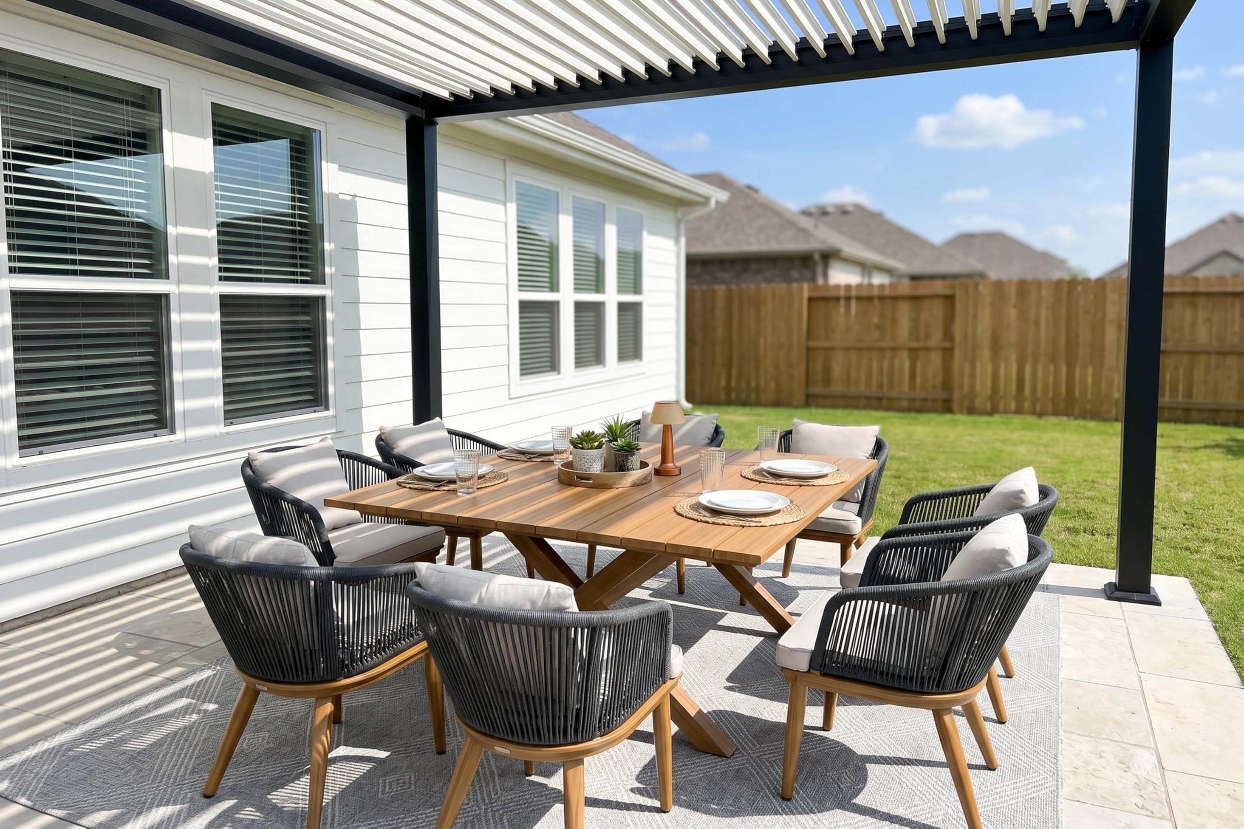 PURPLE LEAF 9 Pieces Patio Dining Set Wicker Outdoor Furniture Rectangular Table and Chairs Set for Garden Deck Teak-Finish Aluminum Frame Backyard Kitchen Set, Cushions and Pillows Included