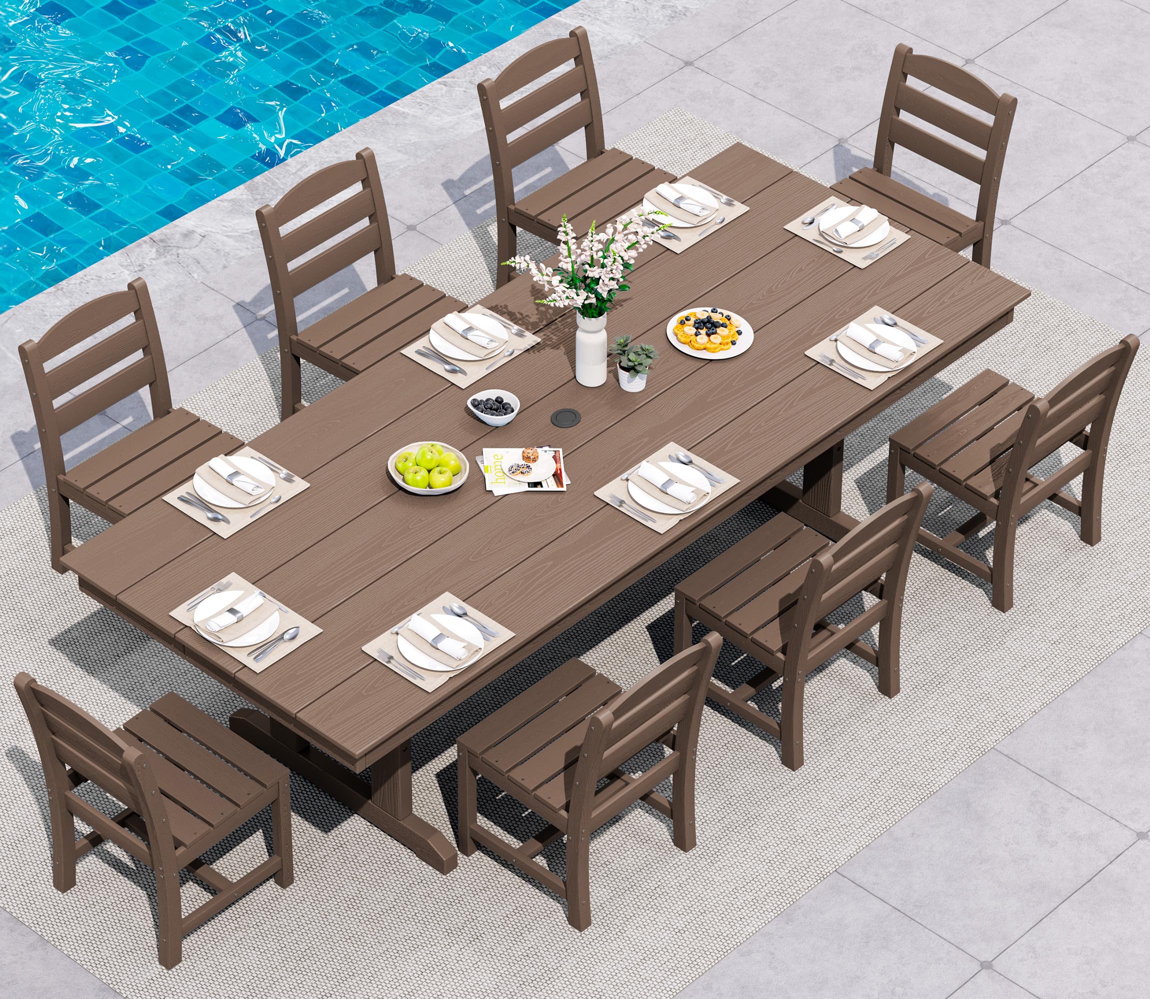 SERWALL 9 Piece Outdoor Dining Set, 84" HDPE Large Patio Dining Furniture Set for 8, with Pre-drilled Umbrella Hole, Outdoor Tables and Chairs Set for Garden, Brown