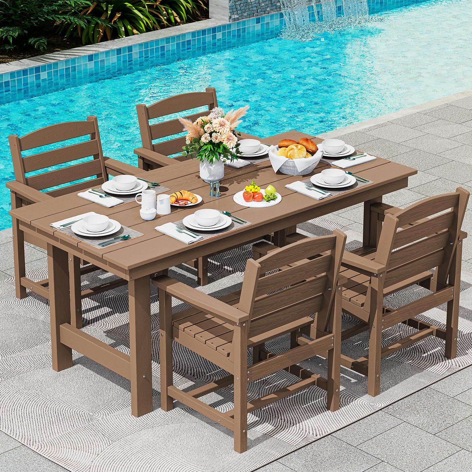 SERWALL 7-Piece Patio Dining Table Sets, Outdoor HDPE Dining Furniture Set with Umbrella Hole Cut-Out Table and 6 Chairs, Blue